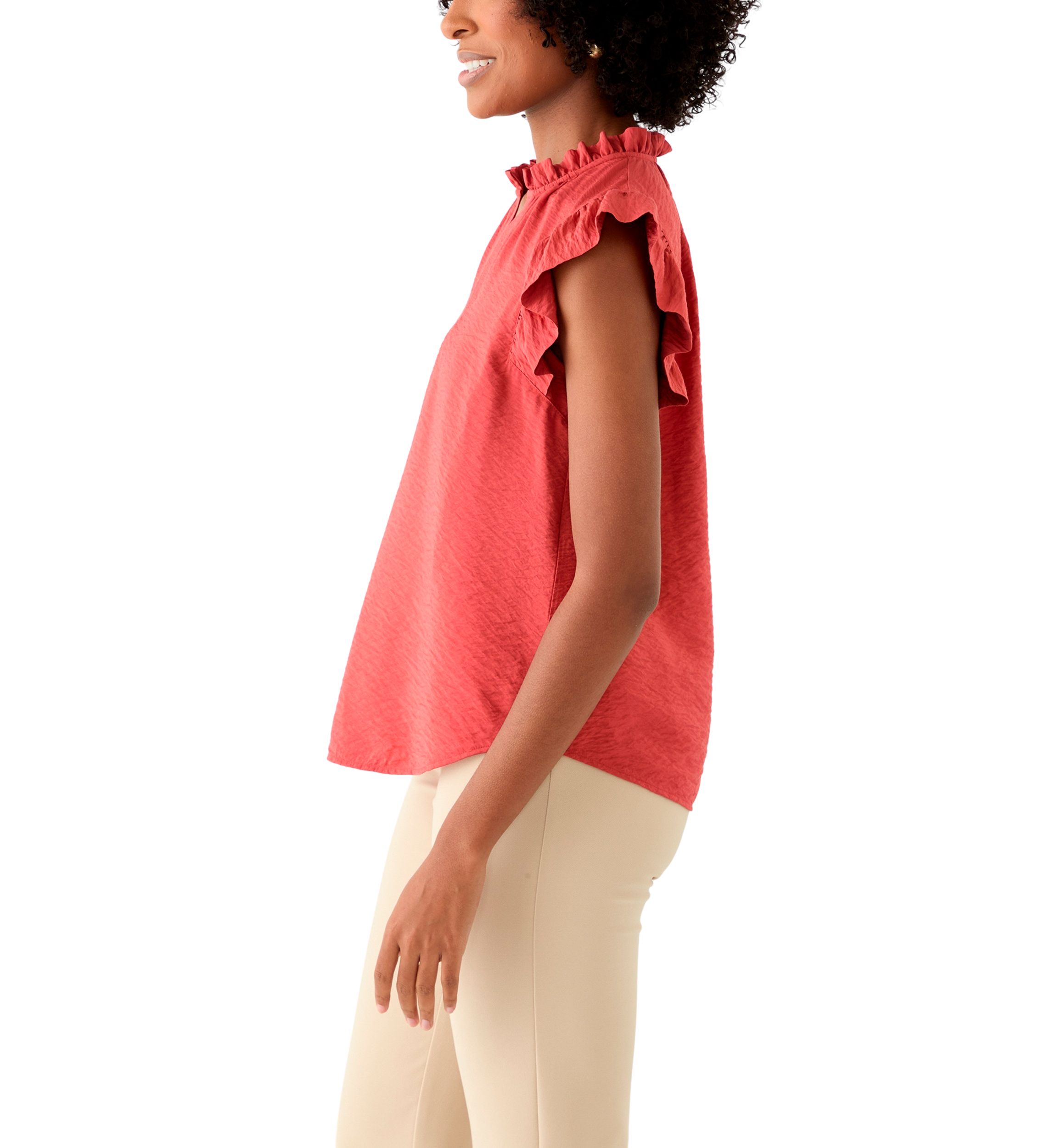 Petite Flutter Sleeve Split Neck Top 