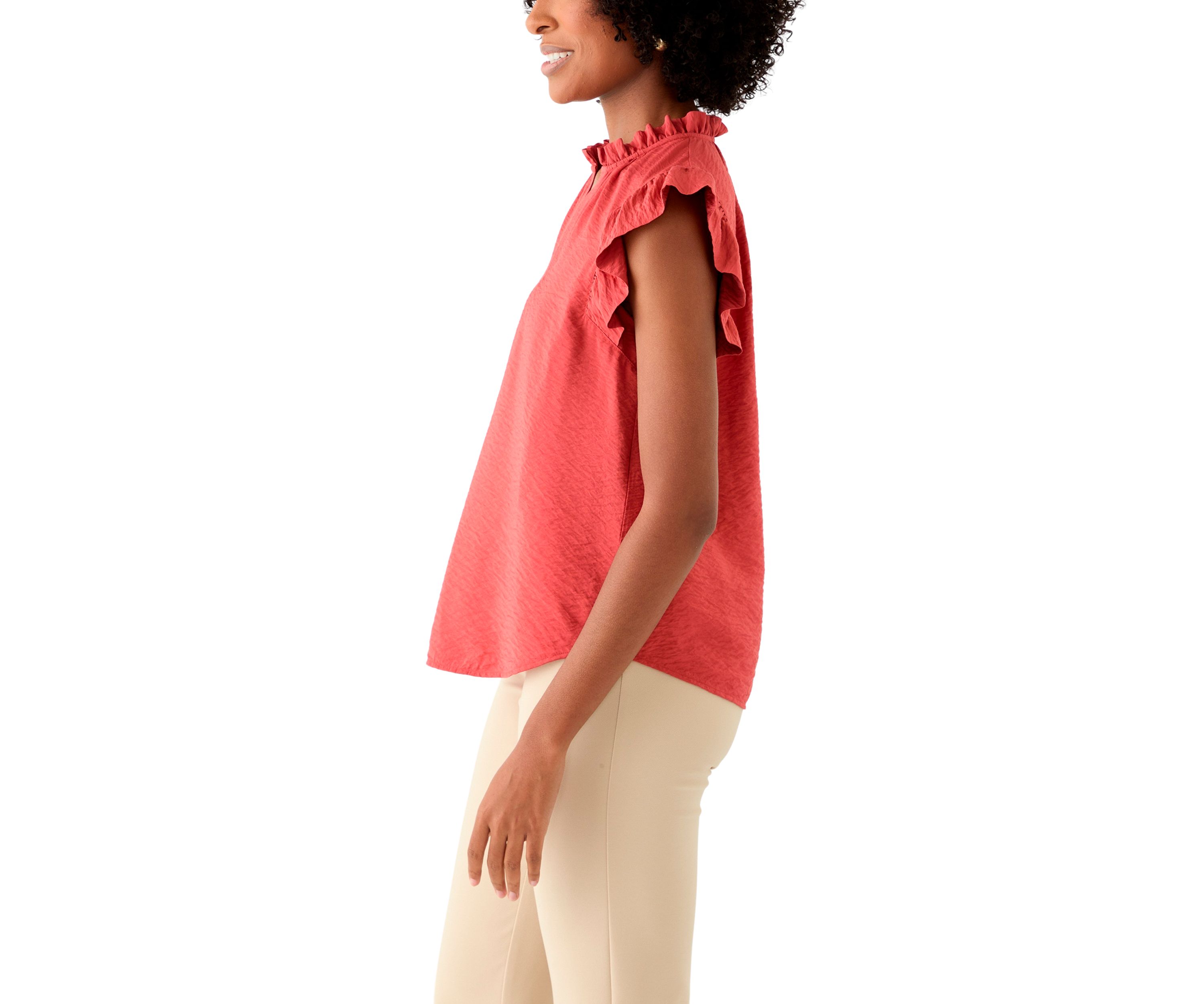 Petite Flutter Sleeve Split Neck Top 