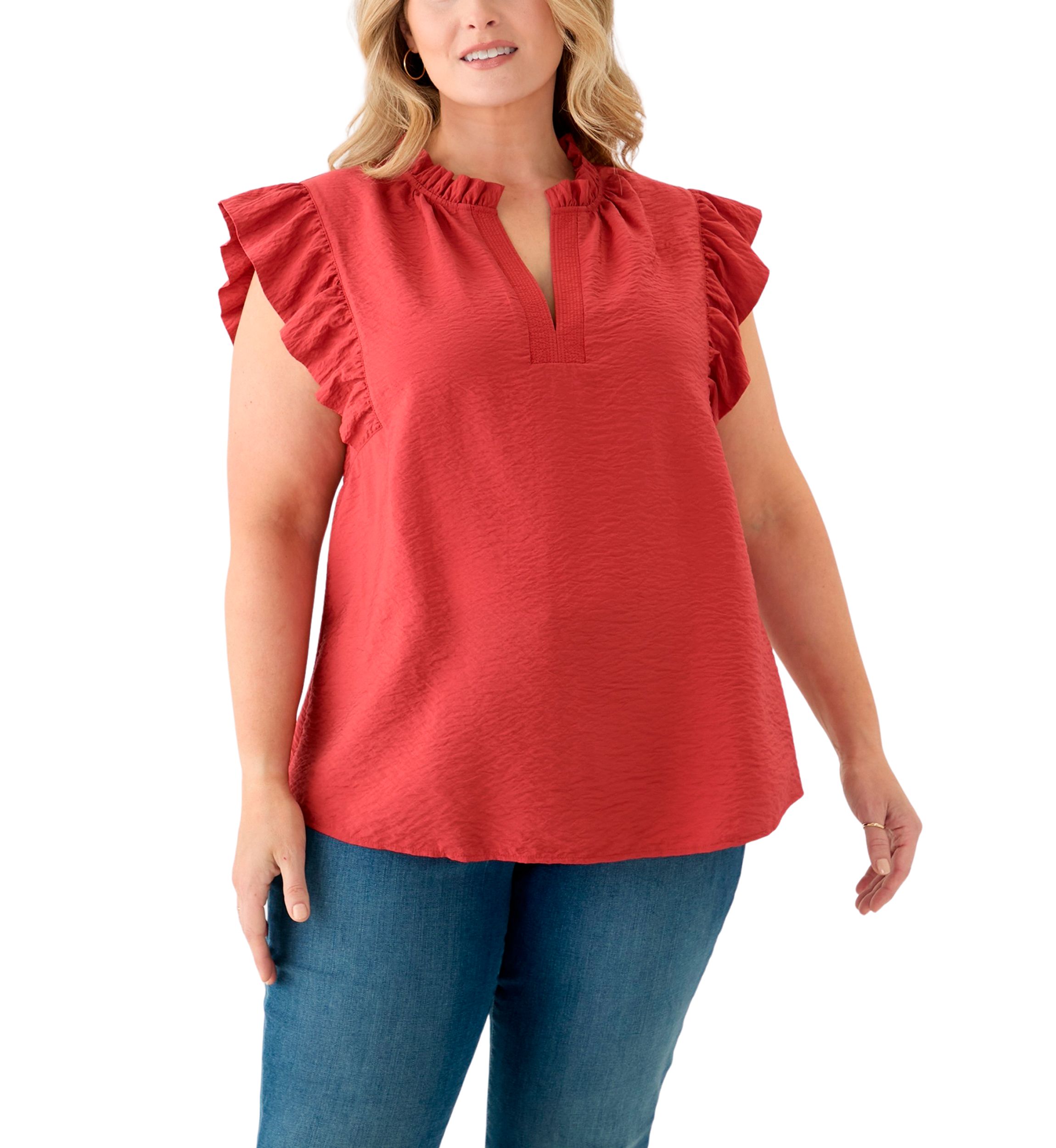 Plus Size Trapunto Stitched Ruffle Sleeve Blouse