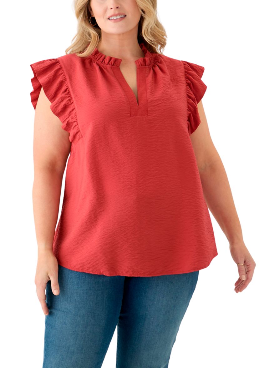 Plus Size Trapunto Stitched Ruffle Sleeve Blouse