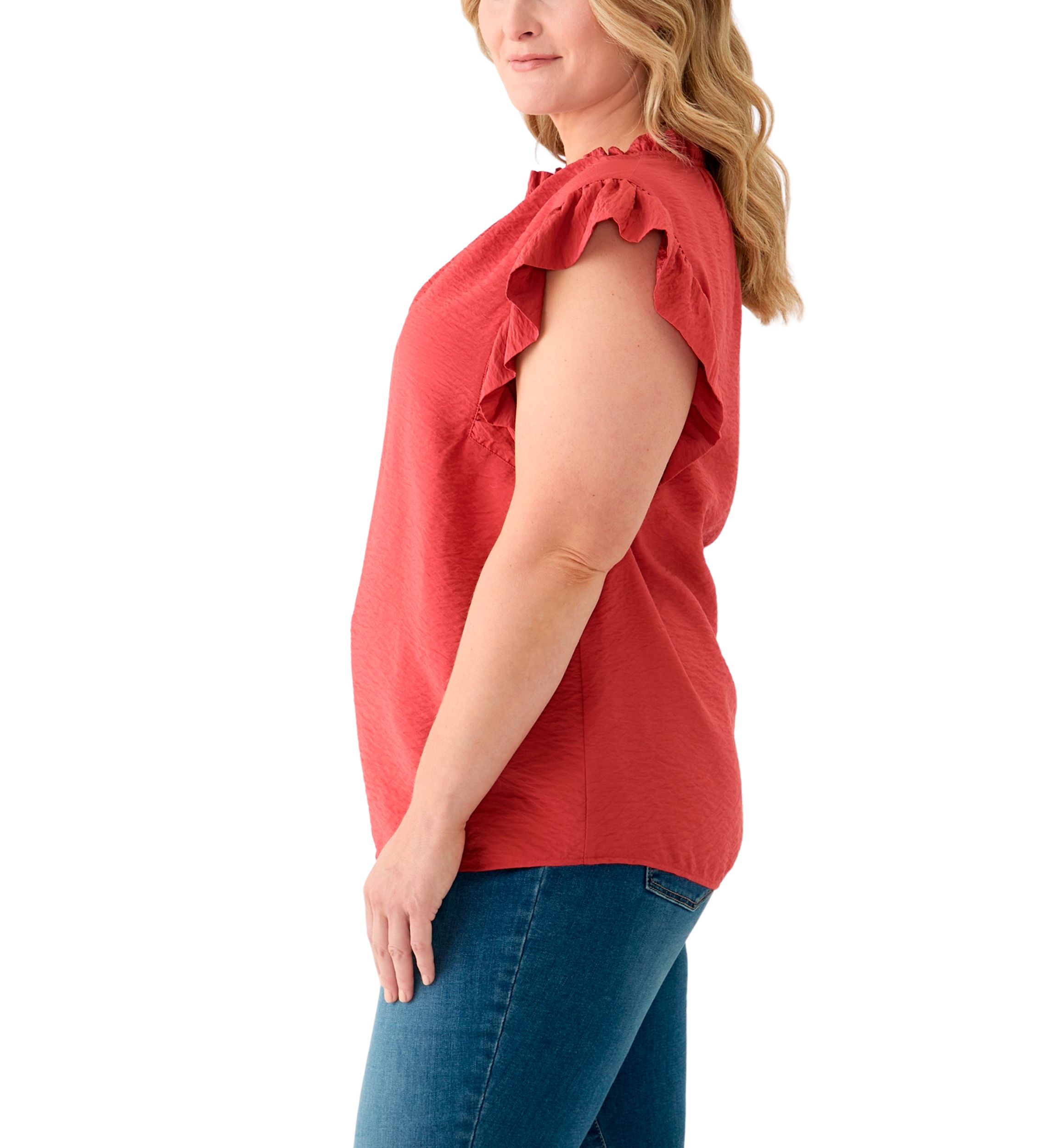 Plus Size Trapunto Stitched Ruffle Sleeve Blouse