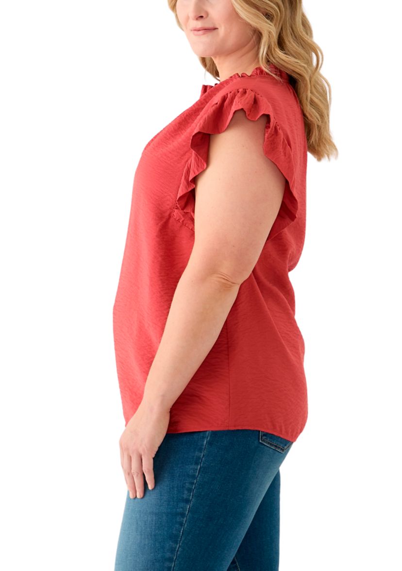 Plus Size Trapunto Stitched Ruffle Sleeve Blouse