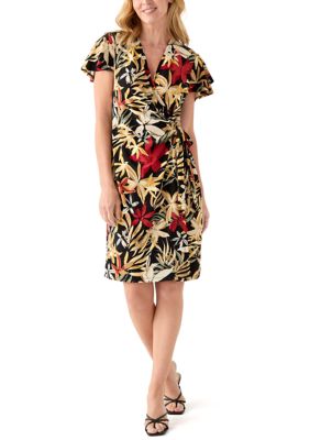 Anne Klein Women's Flutter Sleeve Classic Wrap Dress, Black, XS