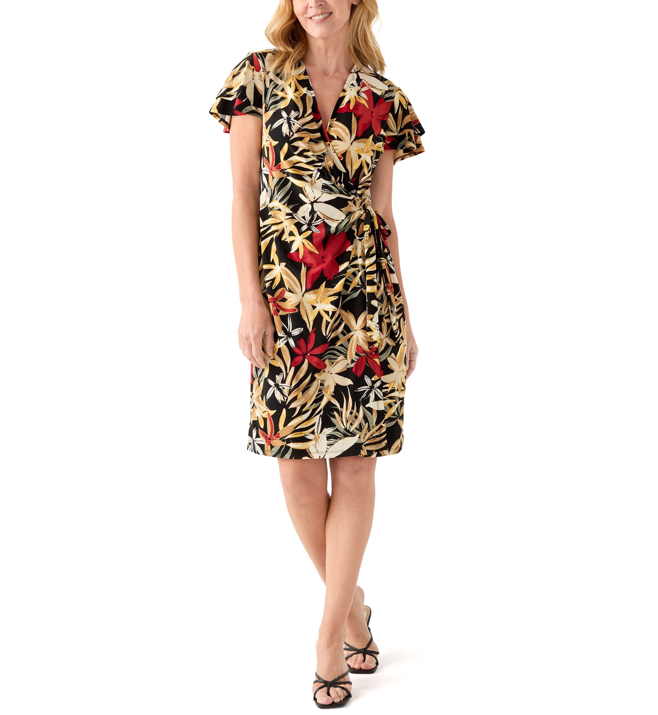 Womens Flutter Sleeve Classic Wrap Dress
