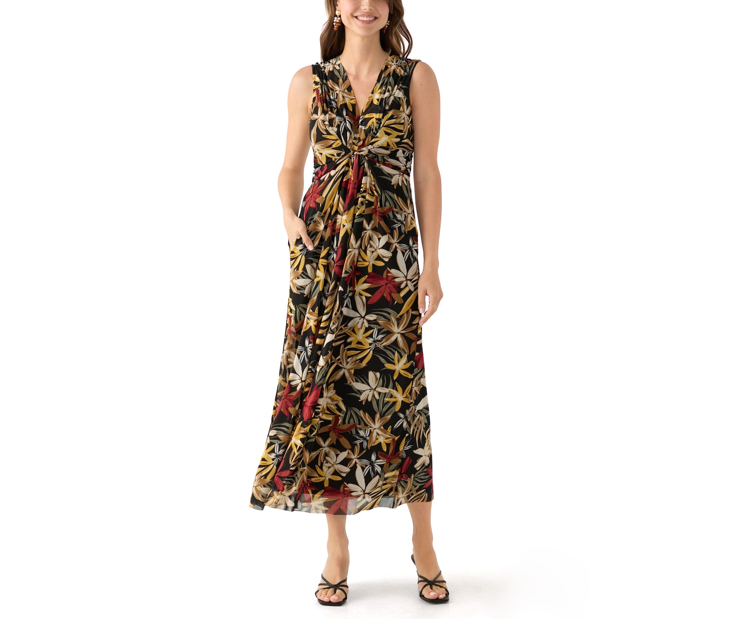 Womens Sleeveless Printed V-Neck Dress