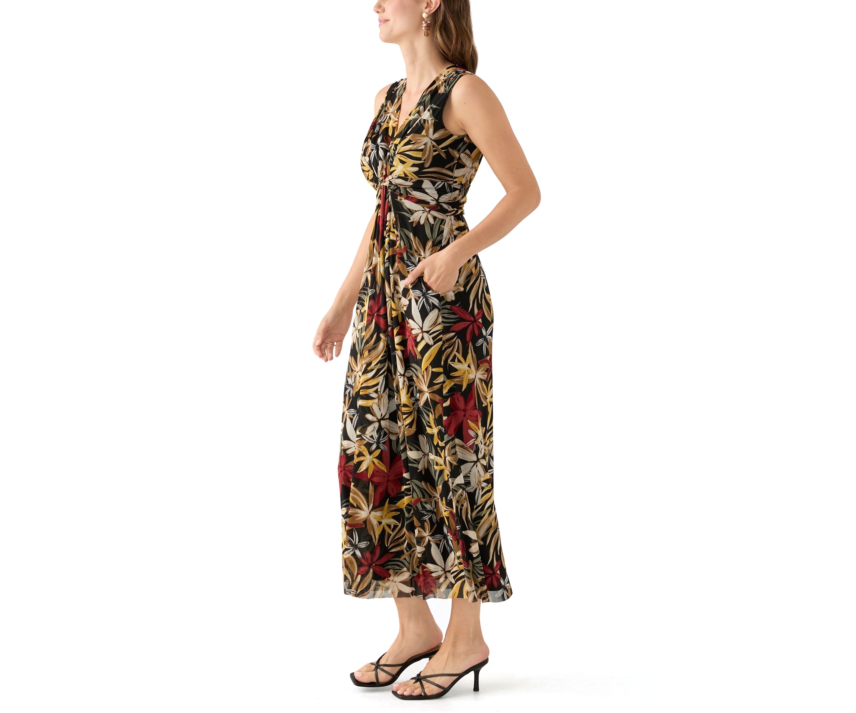 Womens Sleeveless Printed V-Neck Dress