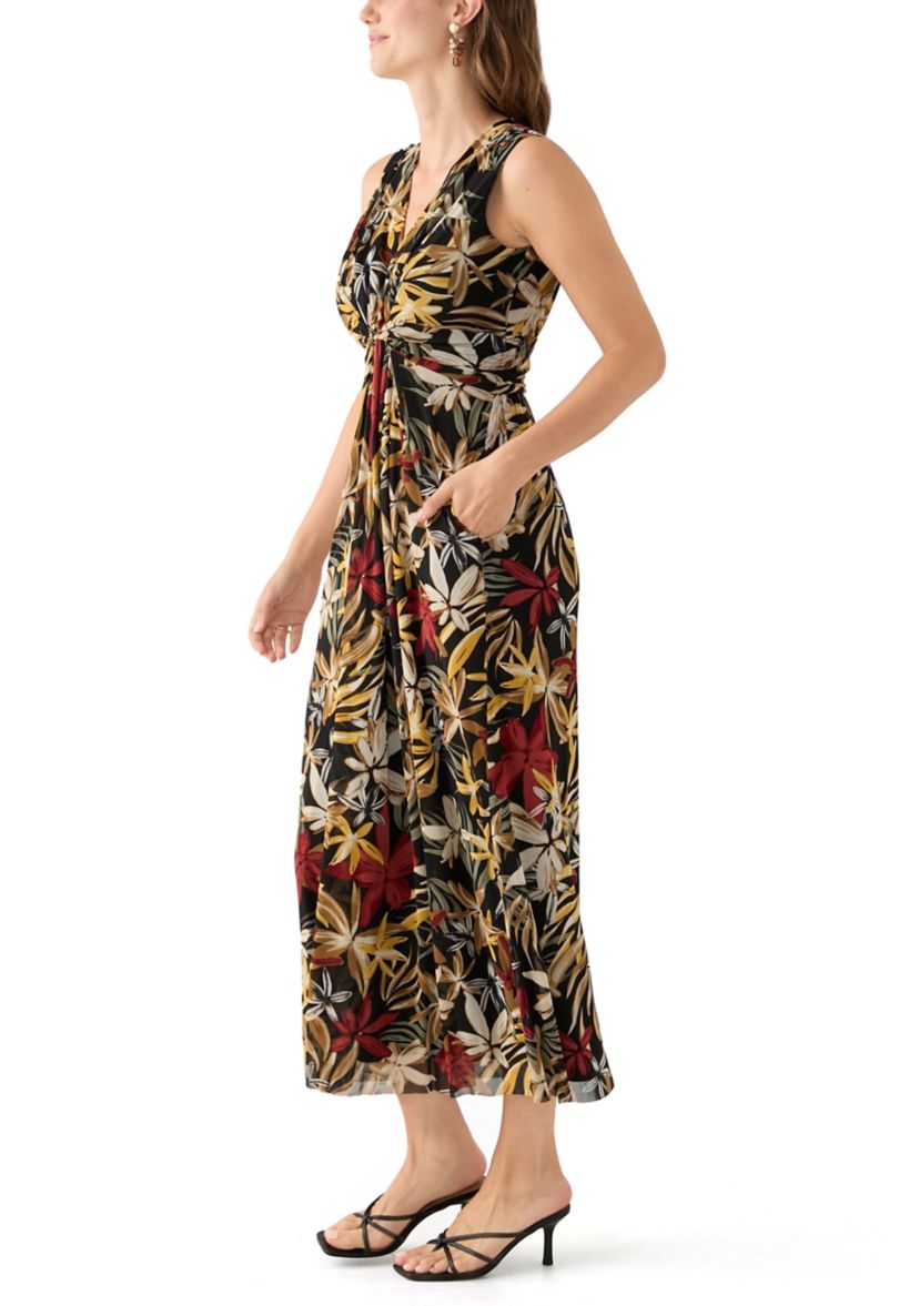 Womens Sleeveless Printed V-Neck Dress