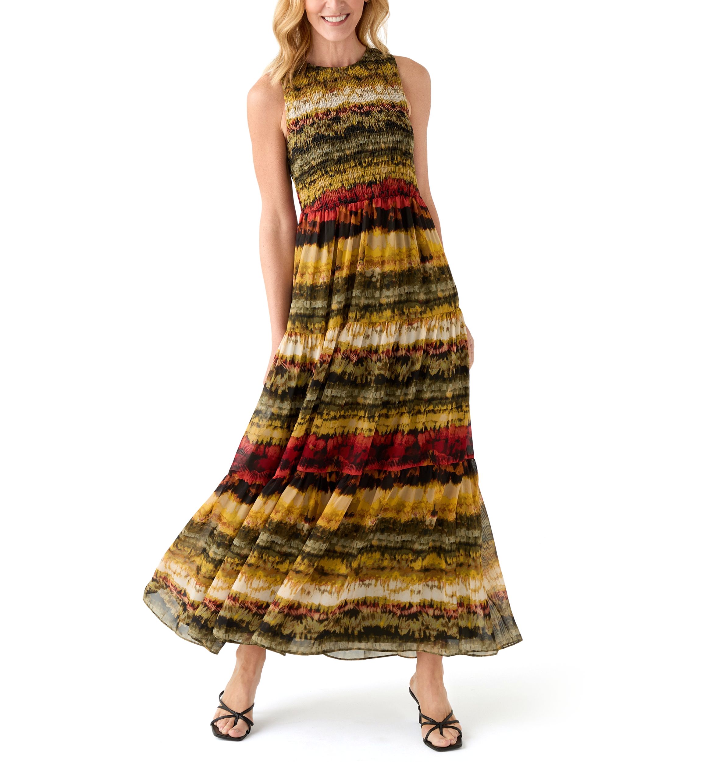 Womens Smocked Bodice Tiered Dress 