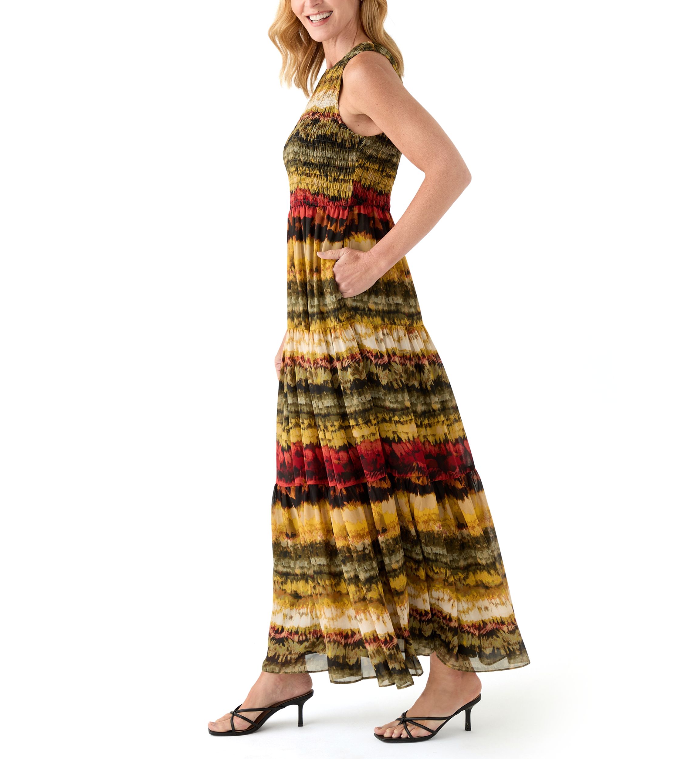 Womens Smocked Bodice Tiered Dress 