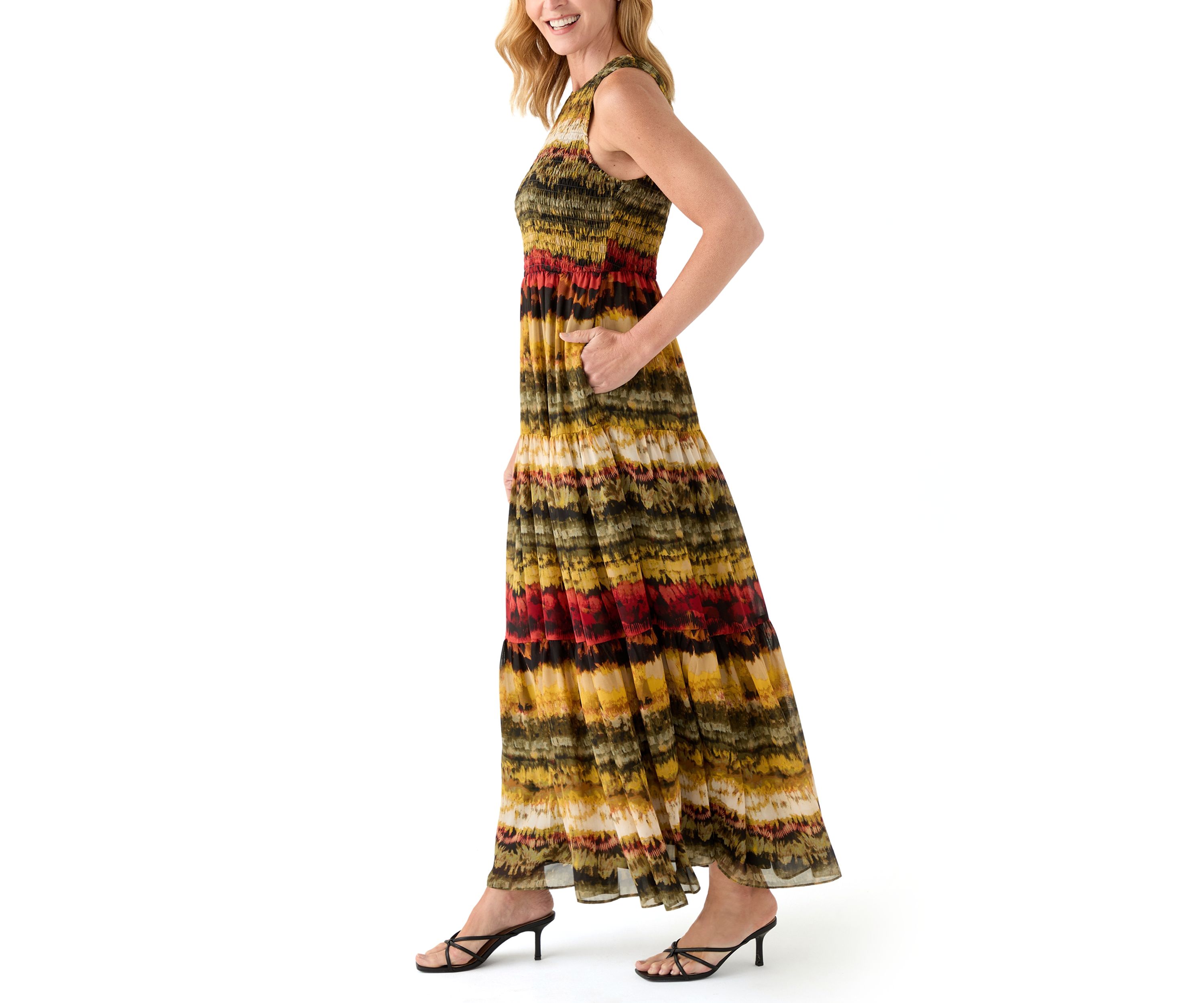 Womens Smocked Bodice Tiered Dress 