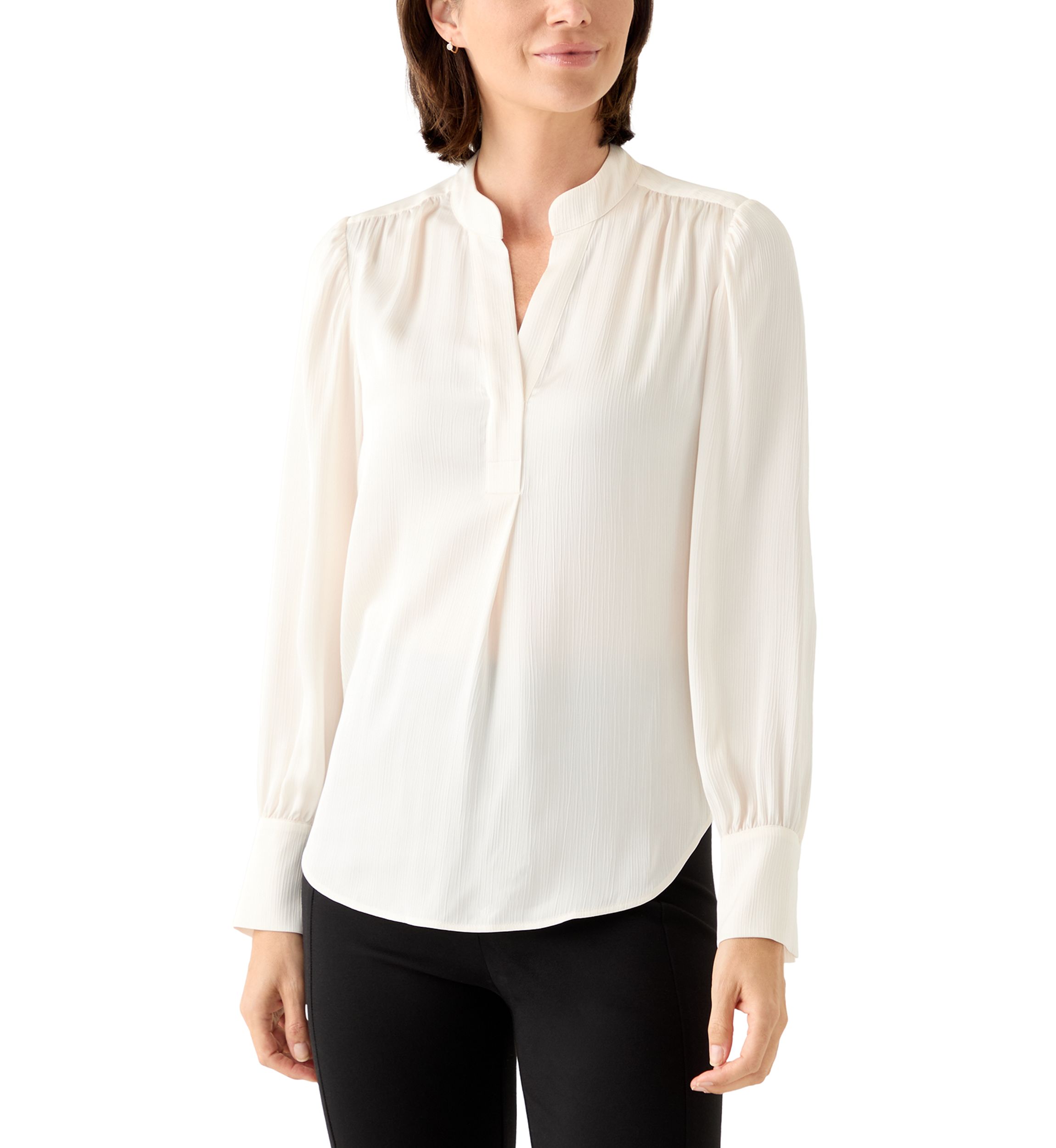 Petite Long Sleeve V-Neck Pleat Front Satin Blouse