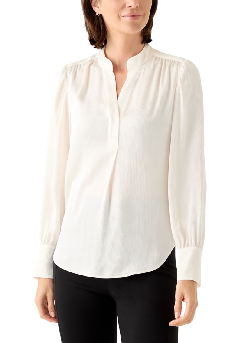 Petite Long Sleeve V-Neck Pleat Front Satin Blouse