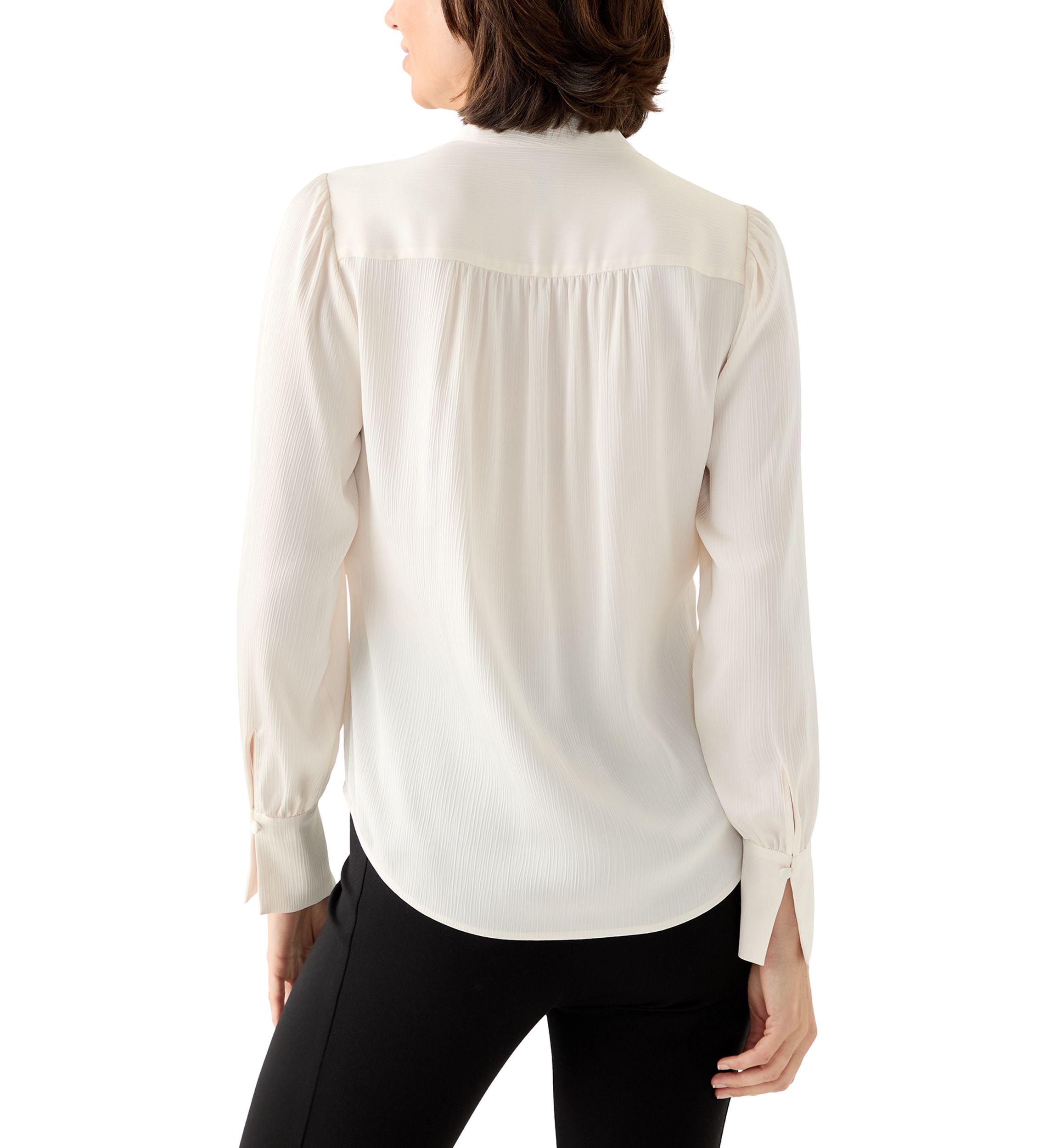 Petite Long Sleeve V-Neck Pleat Front Satin Blouse
