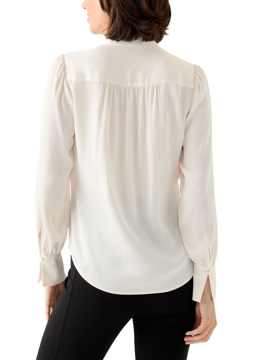 Petite Long Sleeve V-Neck Pleat Front Satin Blouse