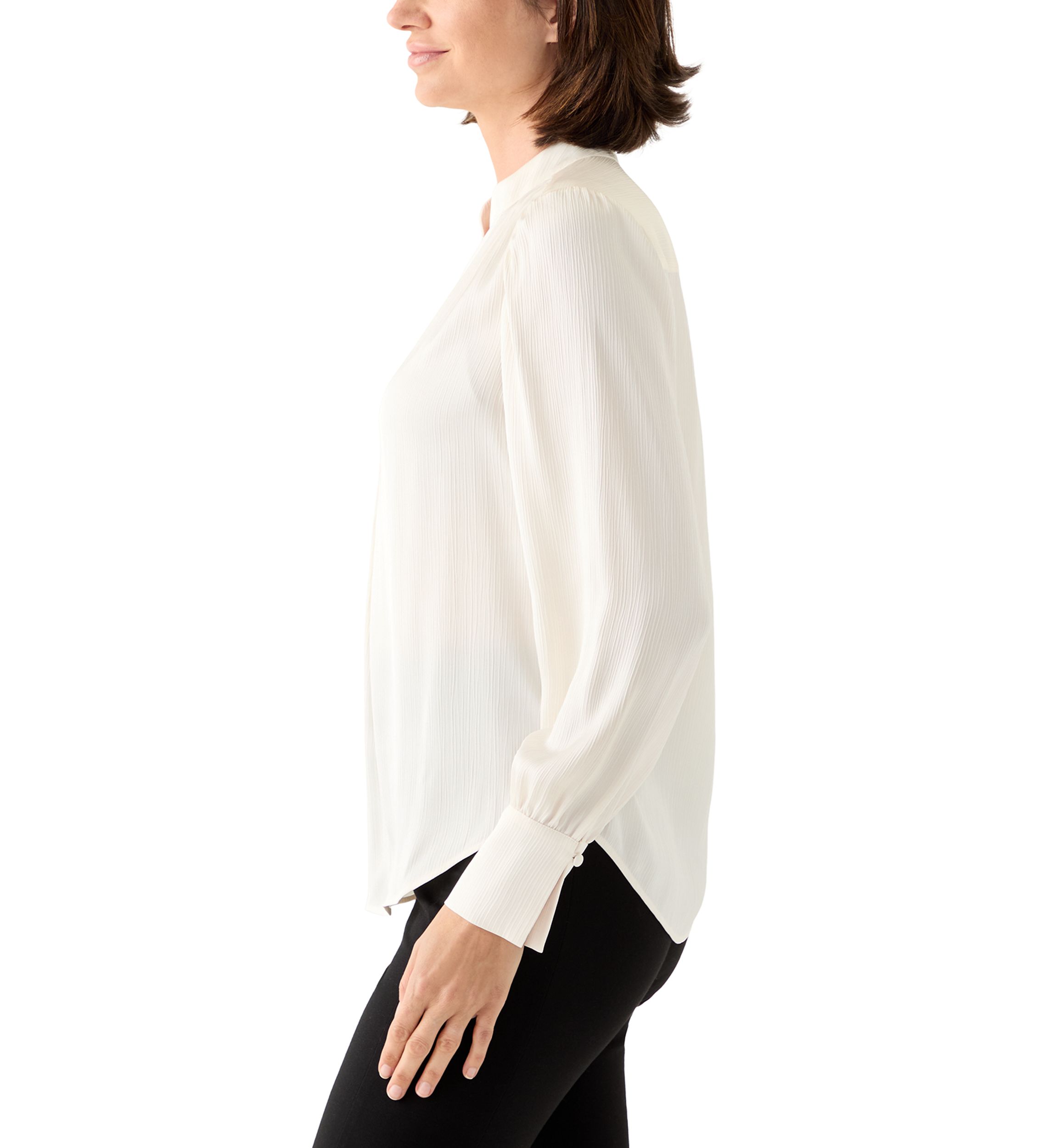 Petite Long Sleeve V-Neck Pleat Front Satin Blouse