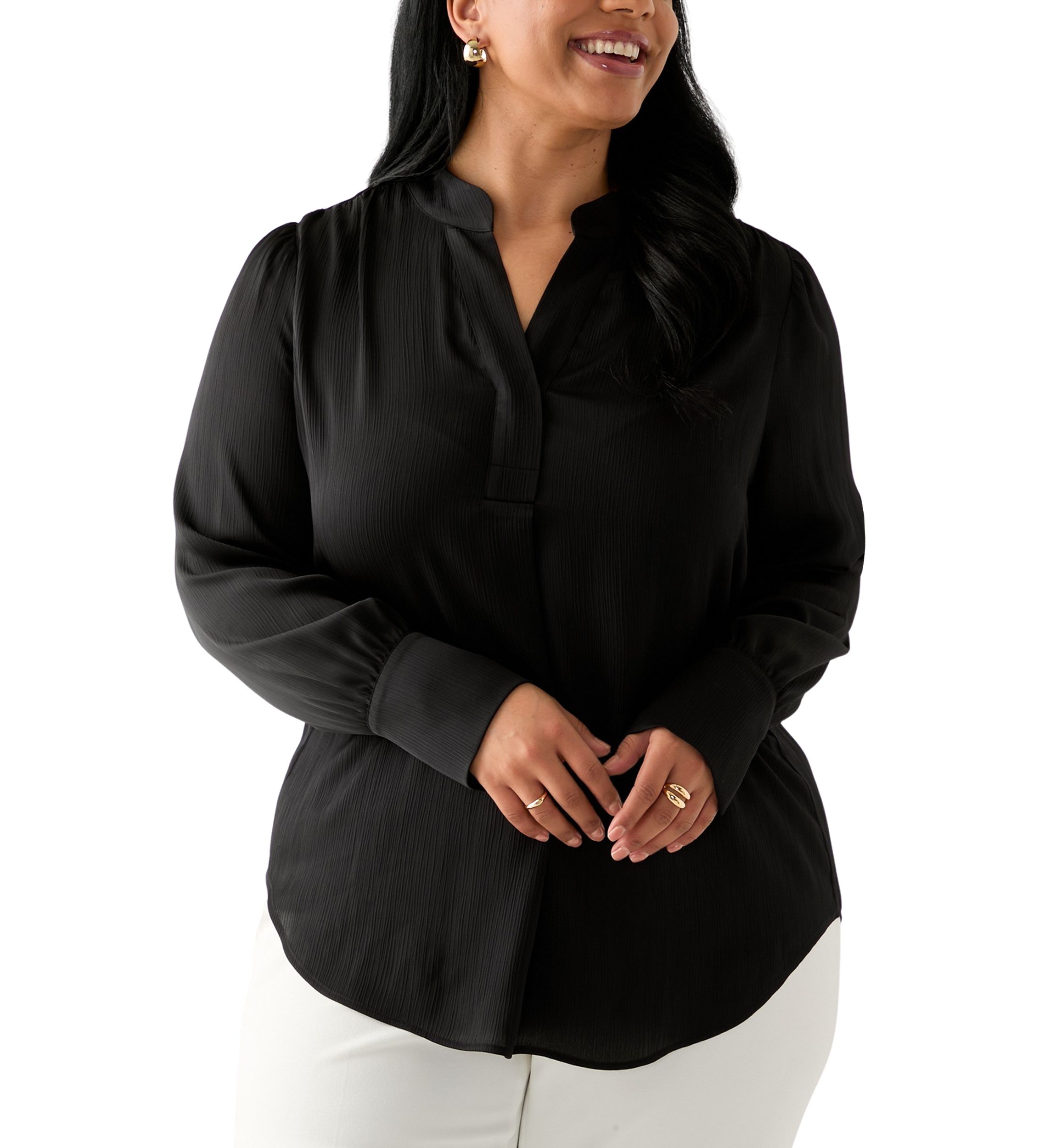 Plus Size Long Sleeve V-Neck Satin Pleated Blouse