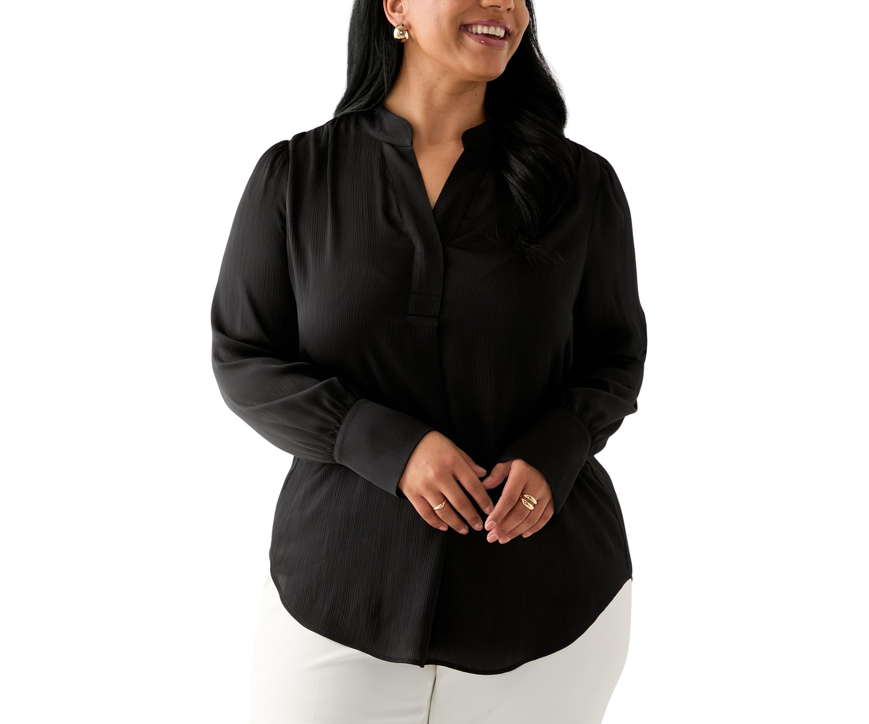 Plus Size Long Sleeve V-Neck Satin Pleated Blouse