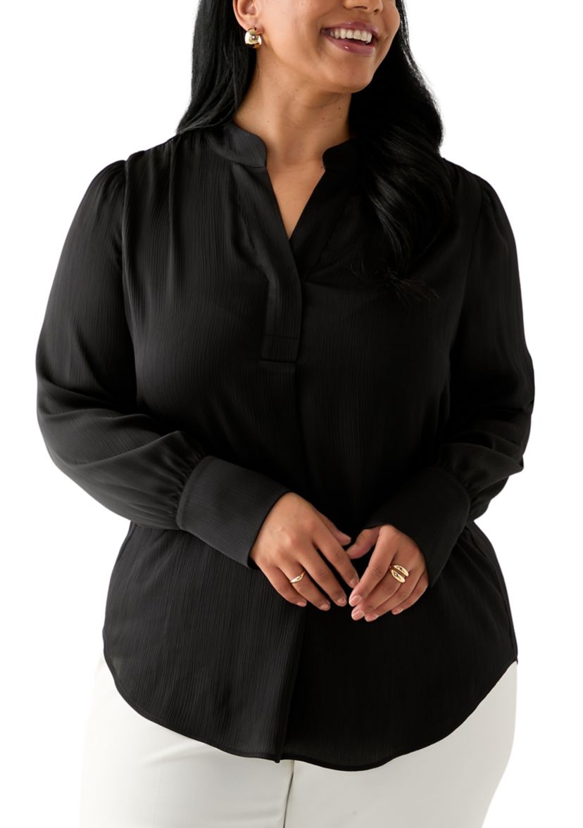Plus Size Long Sleeve V-Neck Satin Pleated Blouse