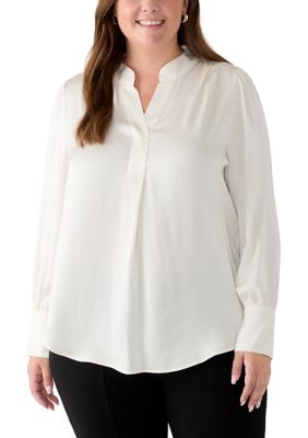 Anne Klein Women's Plus Size Long Sleeve V-Neck Satin Pleated Blouse, White, 3X