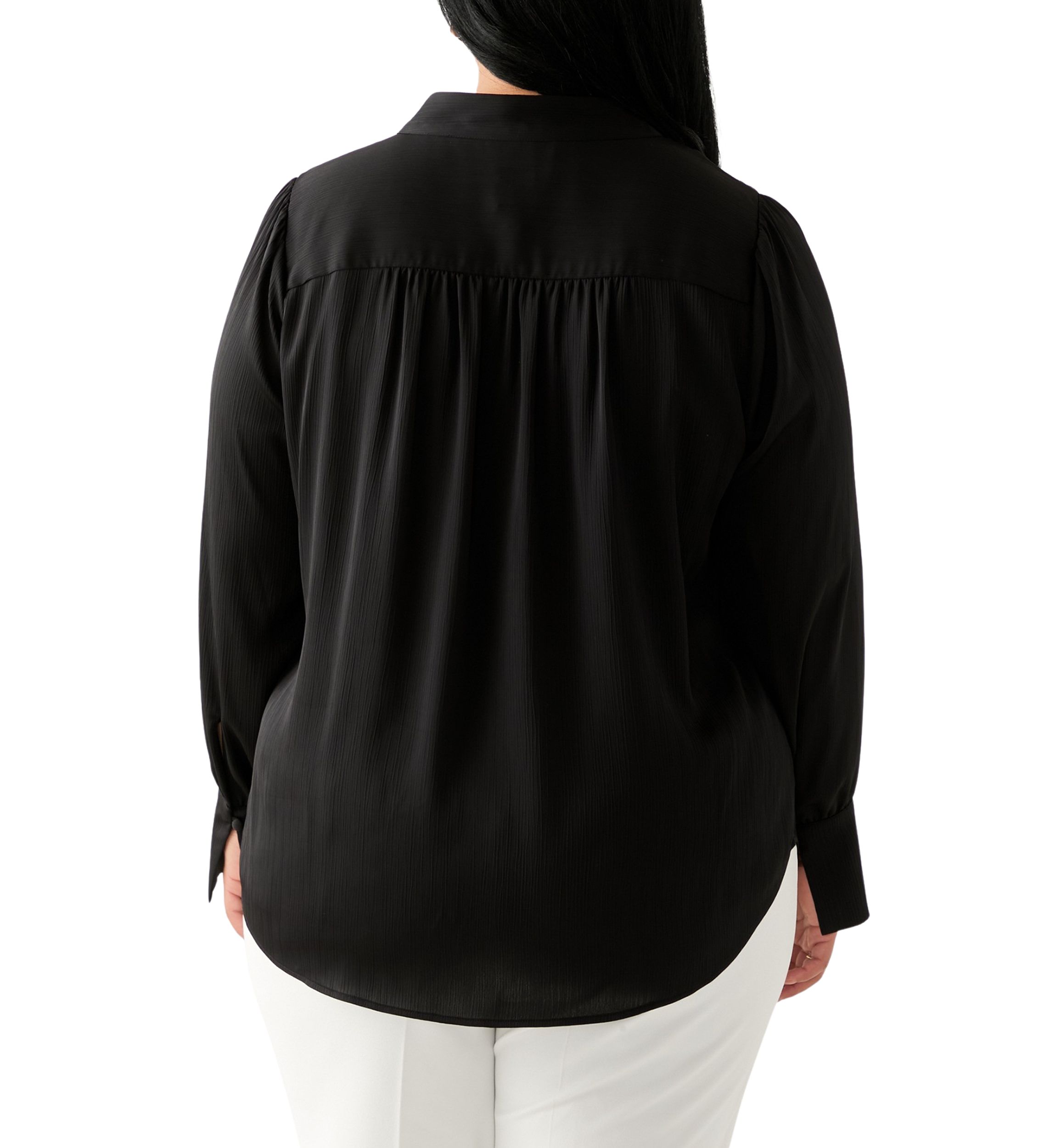 Plus Size Long Sleeve V-Neck Satin Pleated Blouse