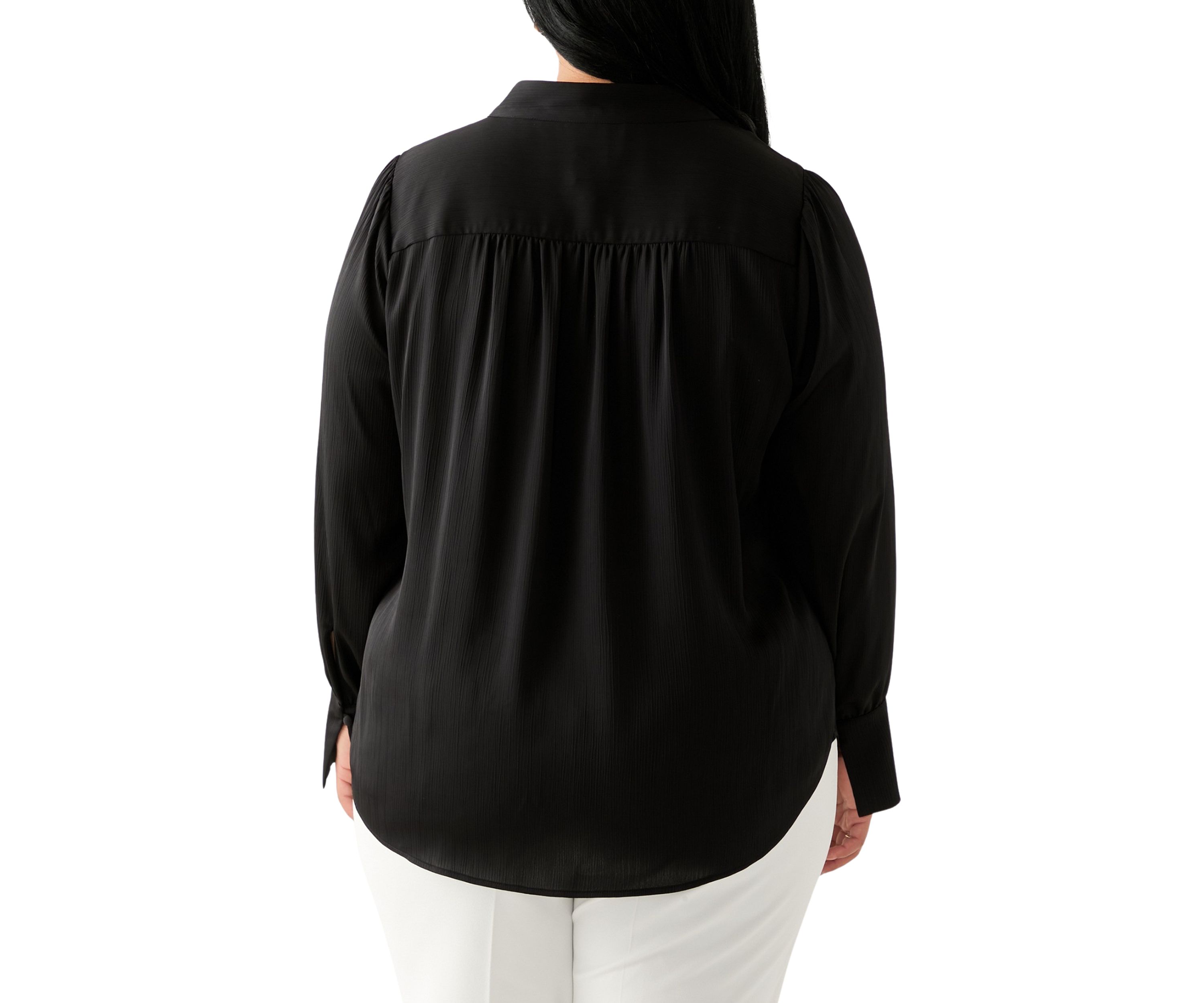 Plus Size Long Sleeve V-Neck Satin Pleated Blouse