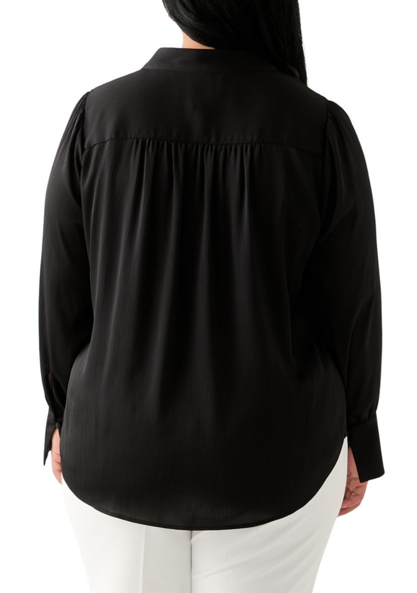 Plus Size Long Sleeve V-Neck Satin Pleated Blouse