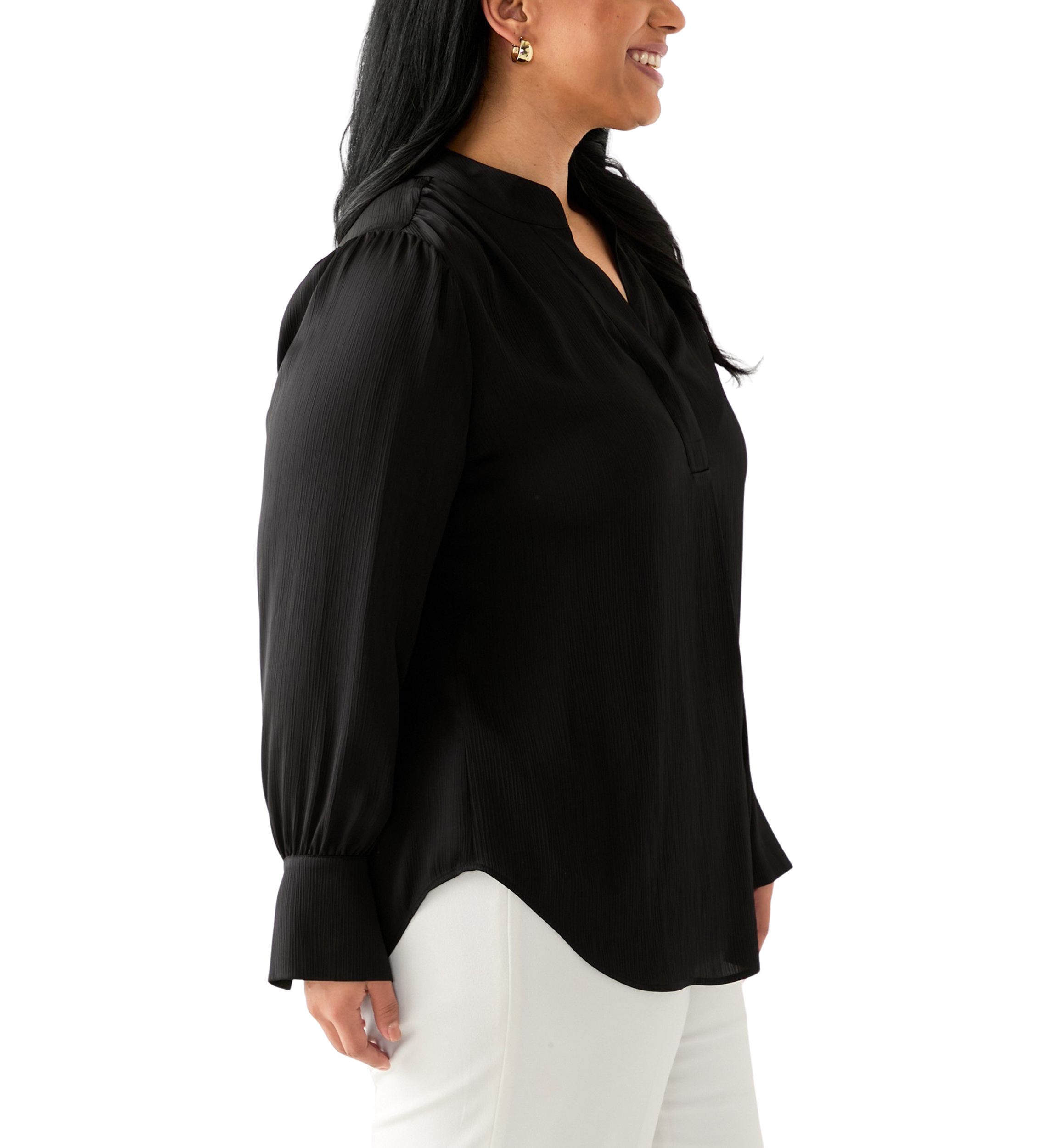 Plus Size Long Sleeve V-Neck Satin Pleated Blouse