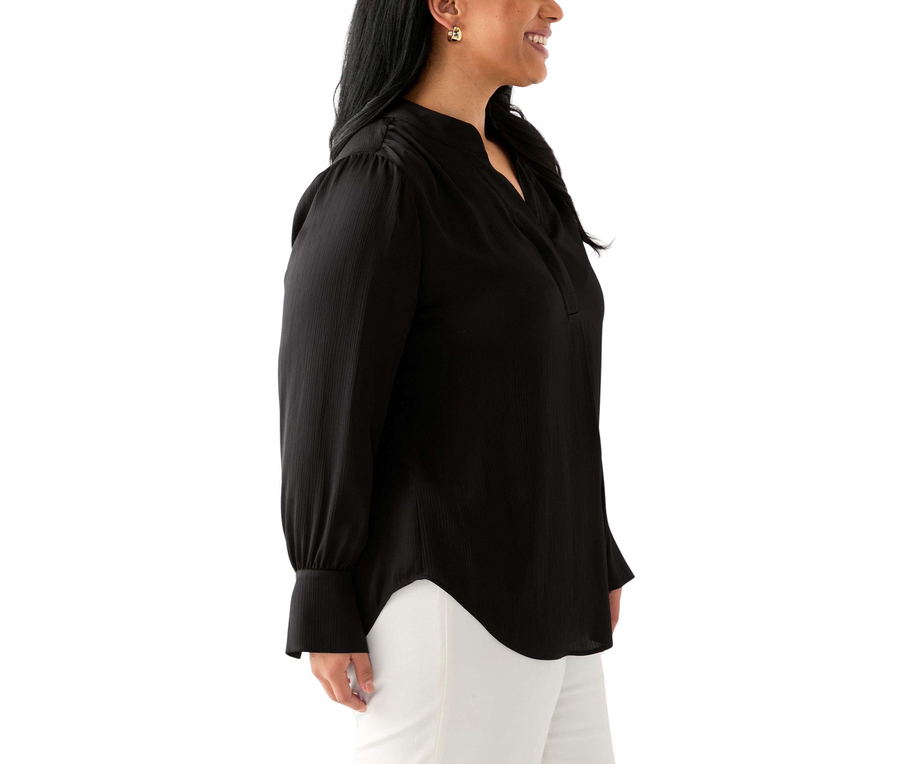 Plus Size Long Sleeve V-Neck Satin Pleated Blouse