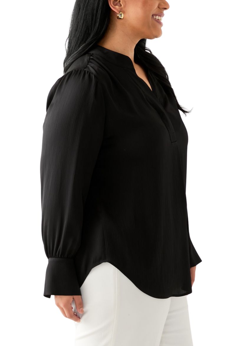 Plus Size Long Sleeve V-Neck Satin Pleated Blouse
