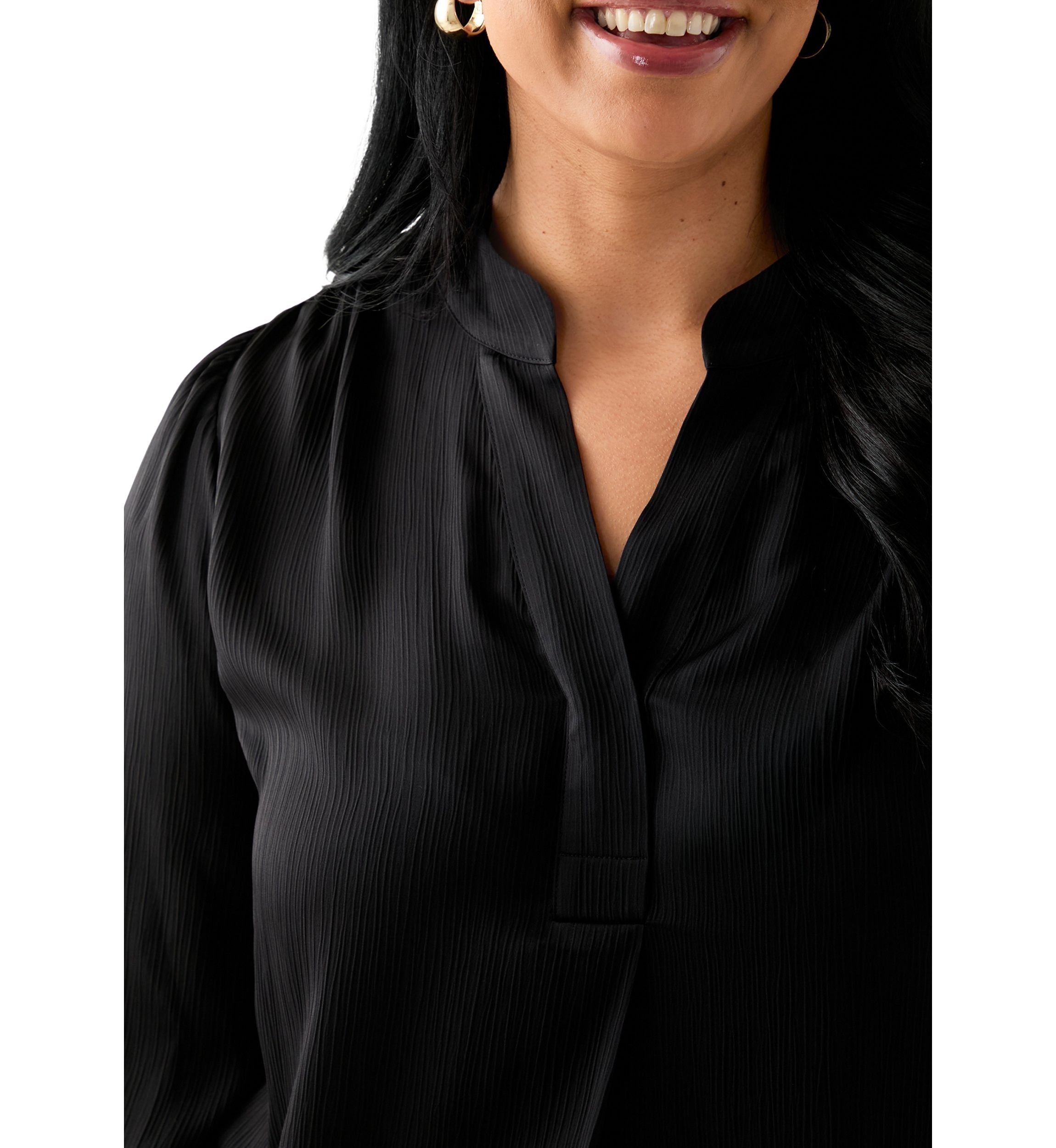 Plus Size Long Sleeve V-Neck Satin Pleated Blouse