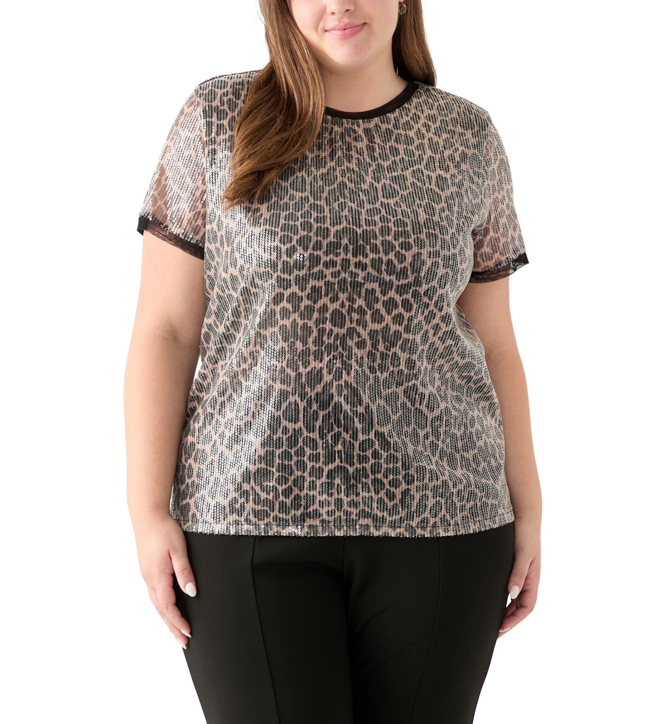 Plus Size Short Sleeve Banded Sequin Mesh Tee