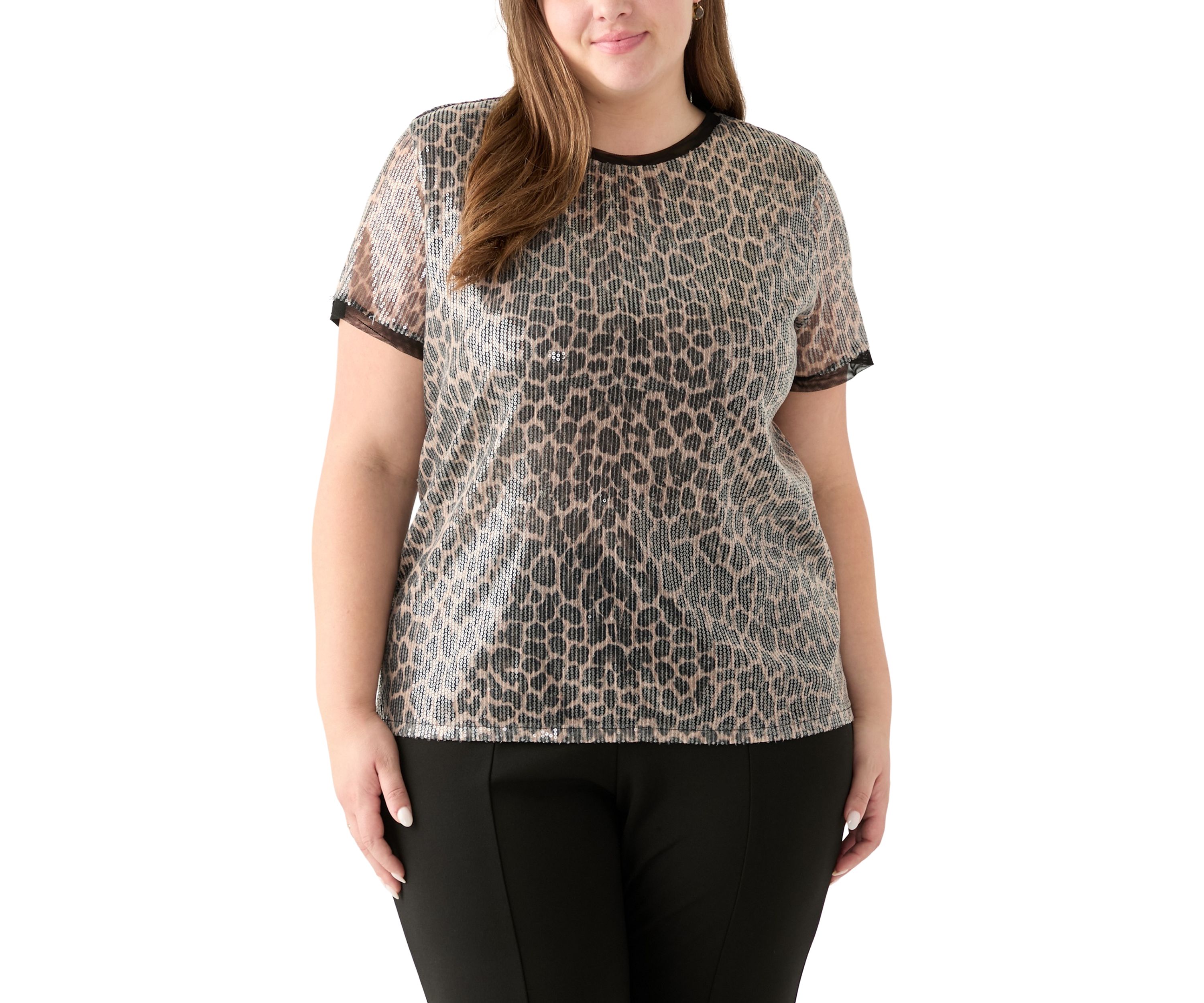 Plus Size Short Sleeve Banded Sequin Mesh Tee