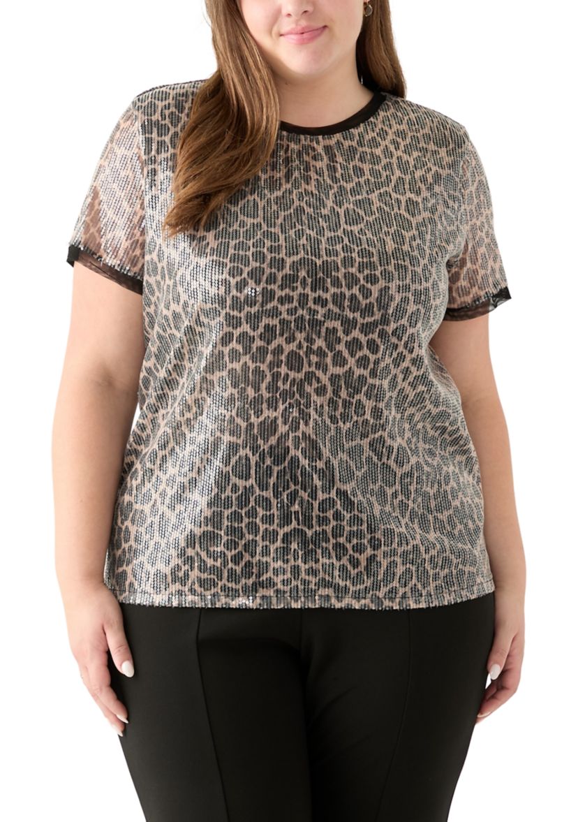 Plus Size Short Sleeve Banded Sequin Mesh Tee