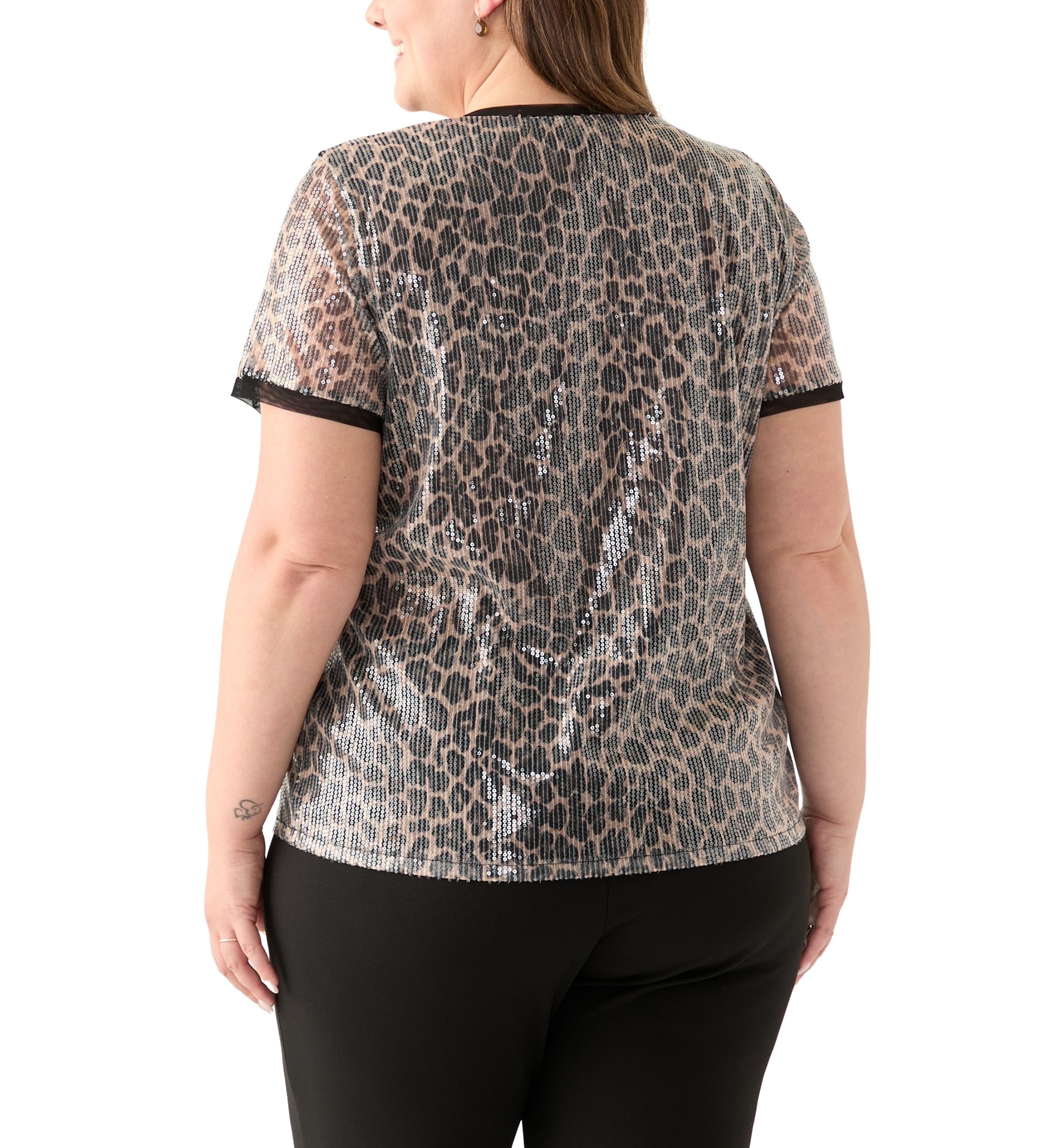 Plus Size Short Sleeve Banded Sequin Mesh Tee