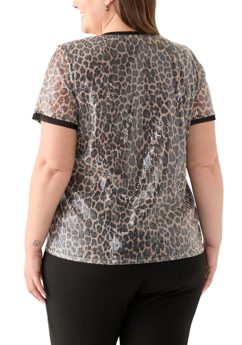 Plus Size Short Sleeve Banded Sequin Mesh Tee