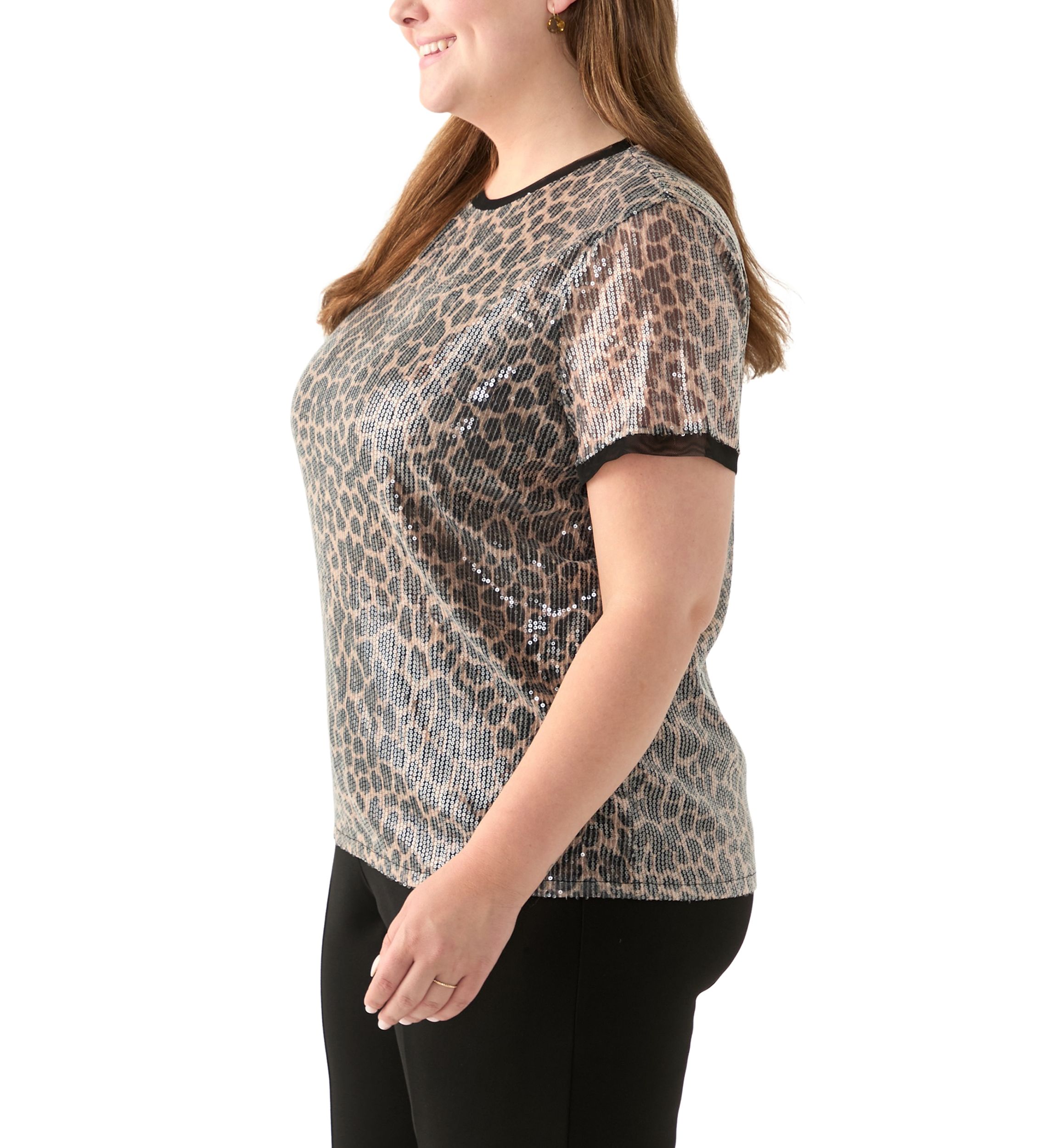 Plus Size Short Sleeve Banded Sequin Mesh Tee