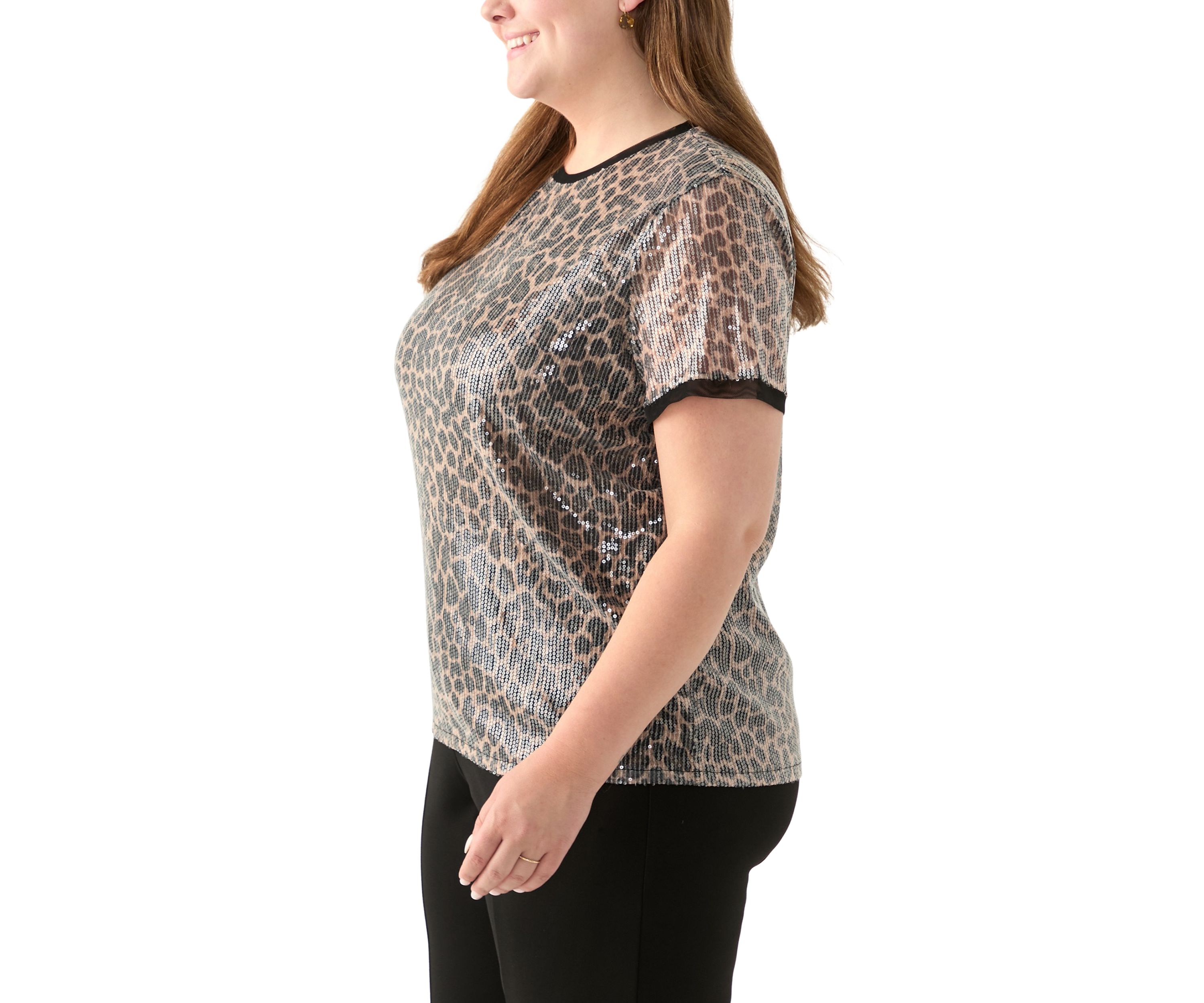 Plus Size Short Sleeve Banded Sequin Mesh Tee
