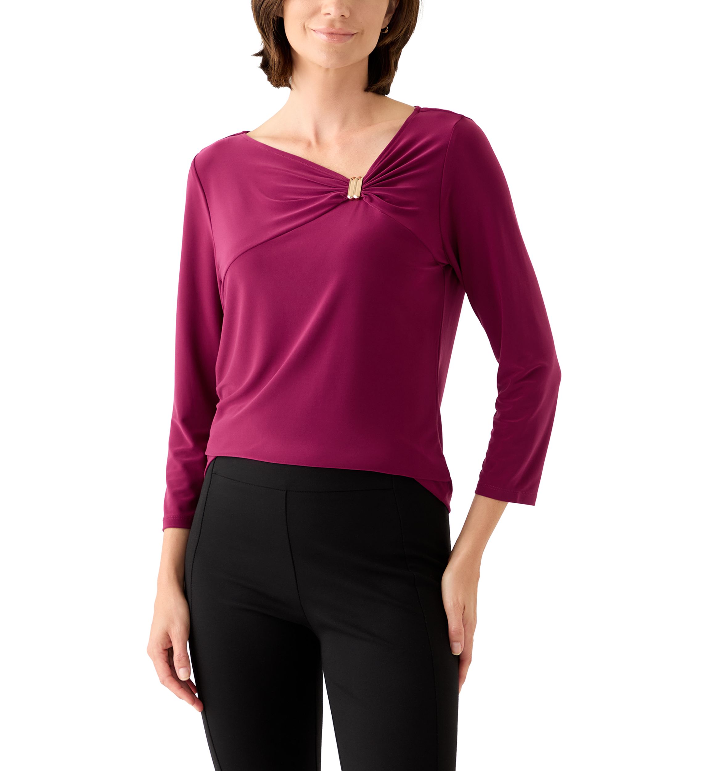 Womens 3/4 Sleeve Asymmetrical Gathered Twist Knot Top with Hardware