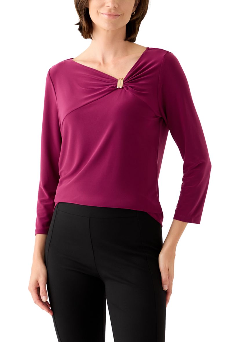 Womens 3/4 Sleeve Asymmetrical Gathered Twist Knot Top with Hardware