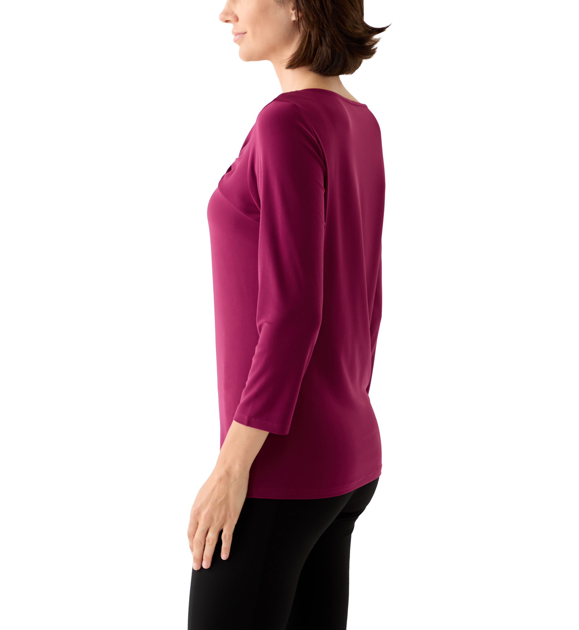 Womens 3/4 Sleeve Asymmetrical Gathered Twist Knot Top with Hardware