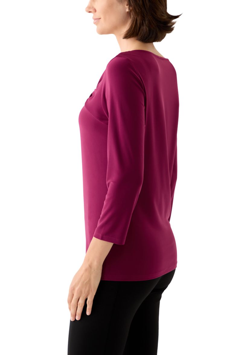 Womens 3/4 Sleeve Asymmetrical Gathered Twist Knot Top with Hardware