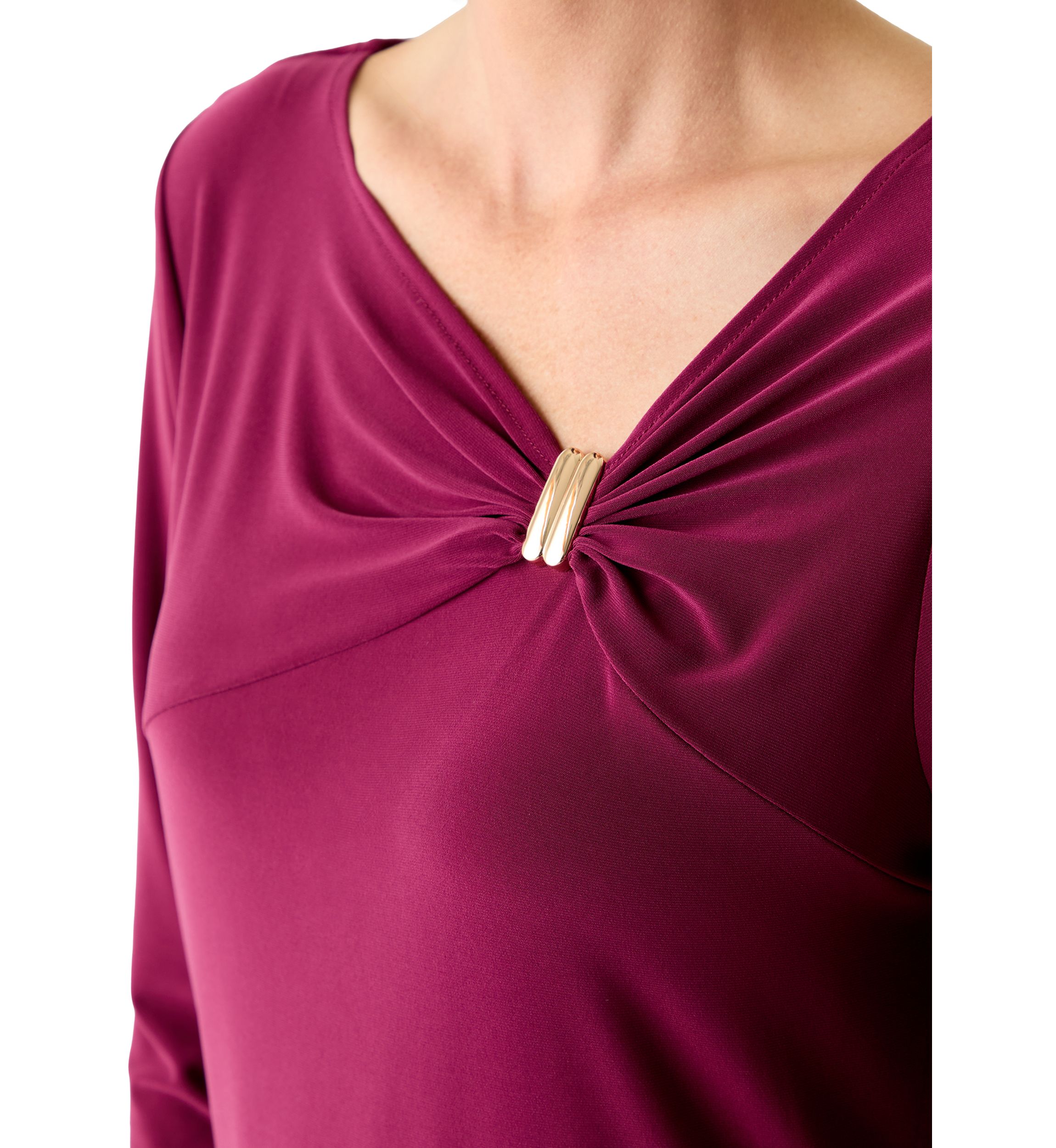 Womens 3/4 Sleeve Asymmetrical Gathered Twist Knot Top with Hardware