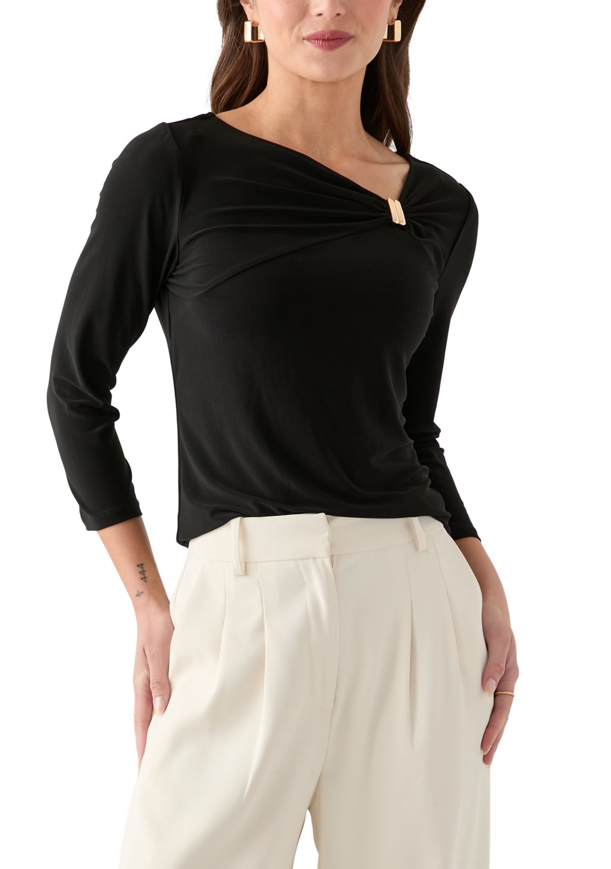 Petite Three-Quarter Sleeve Asymmetrical Neck Twist Knot Top