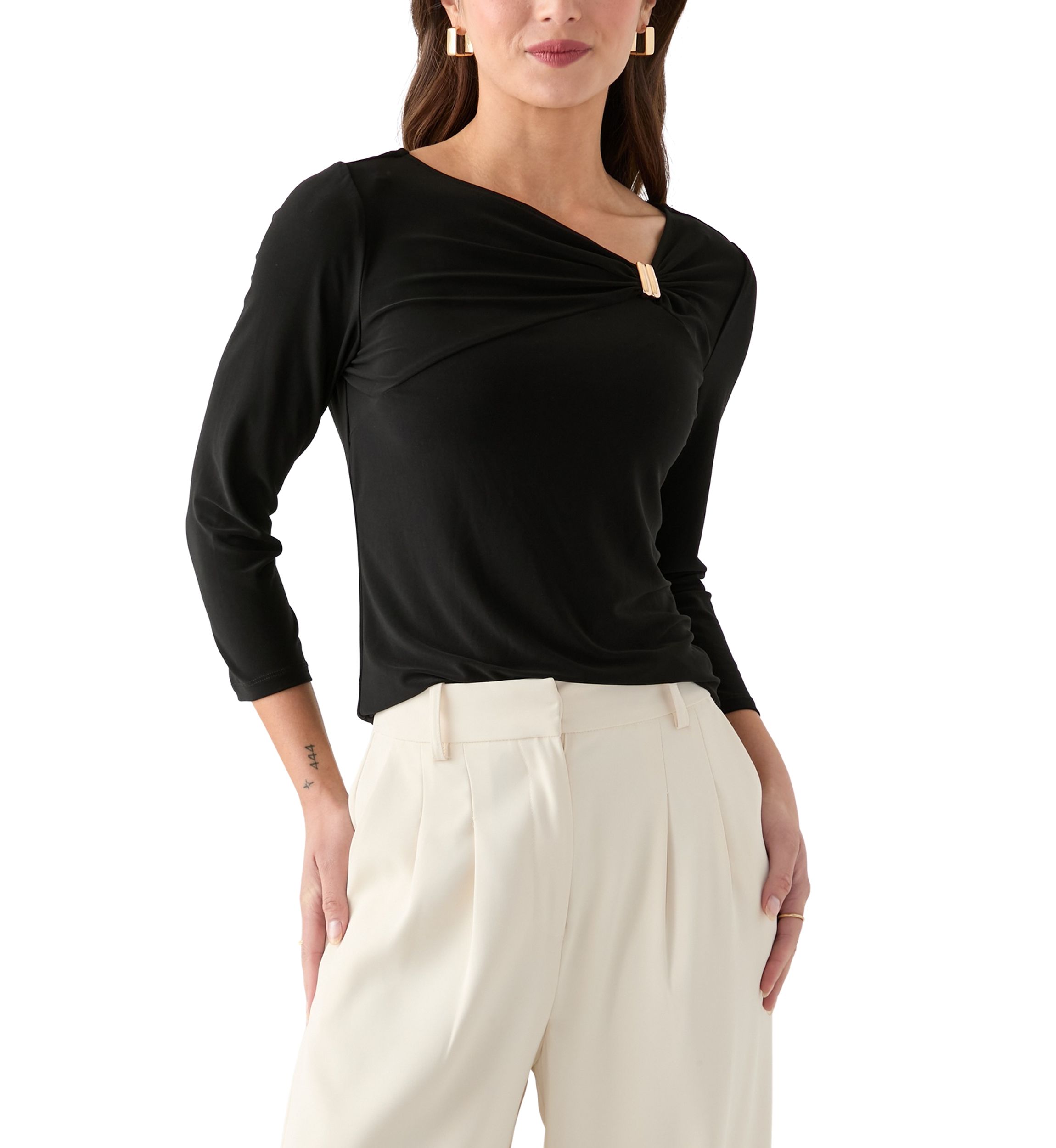 Petite Three-Quarter Sleeve Asymmetrical Neck Twist Knot Top