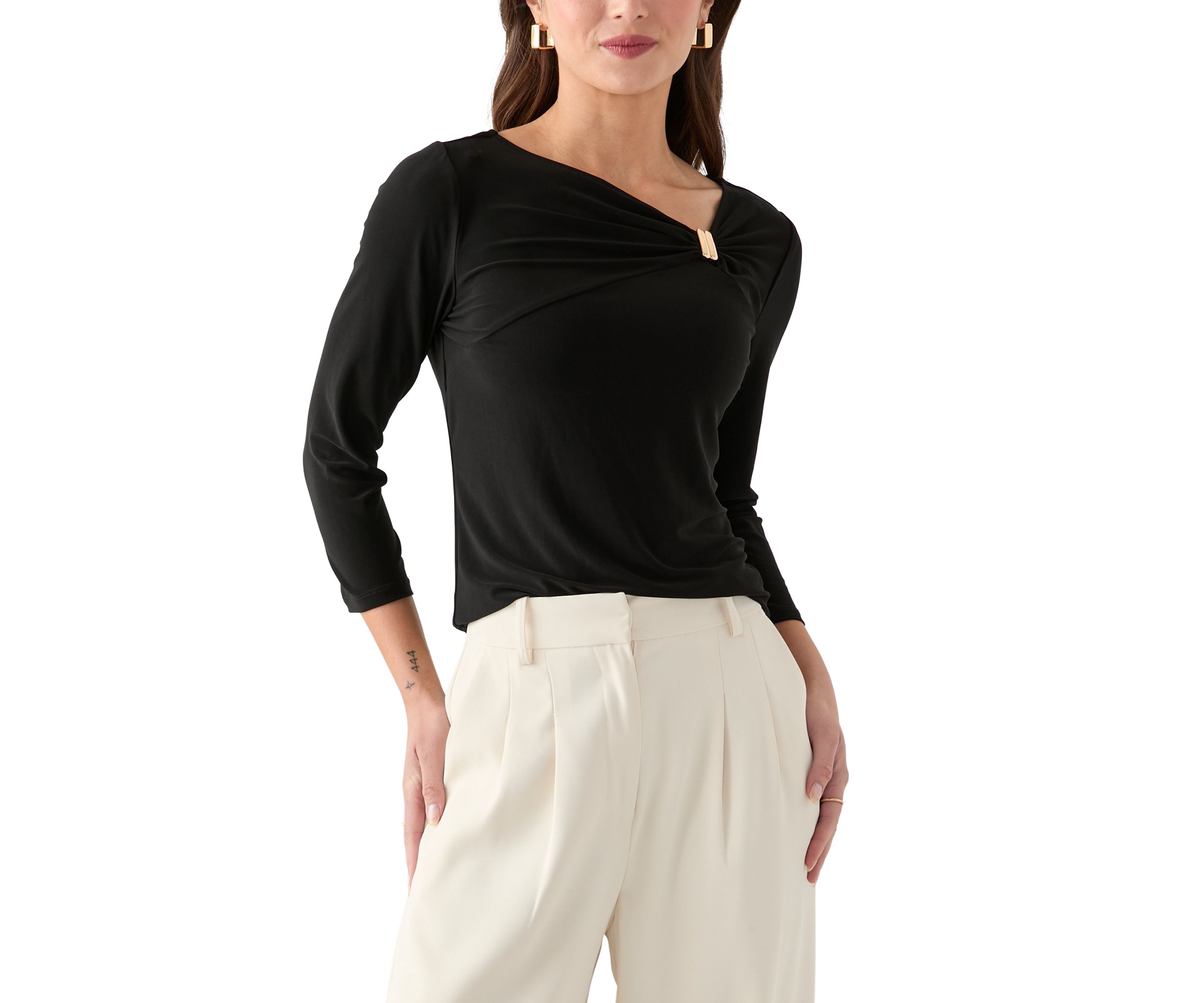 Petite Three-Quarter Sleeve Asymmetrical Neck Twist Knot Top