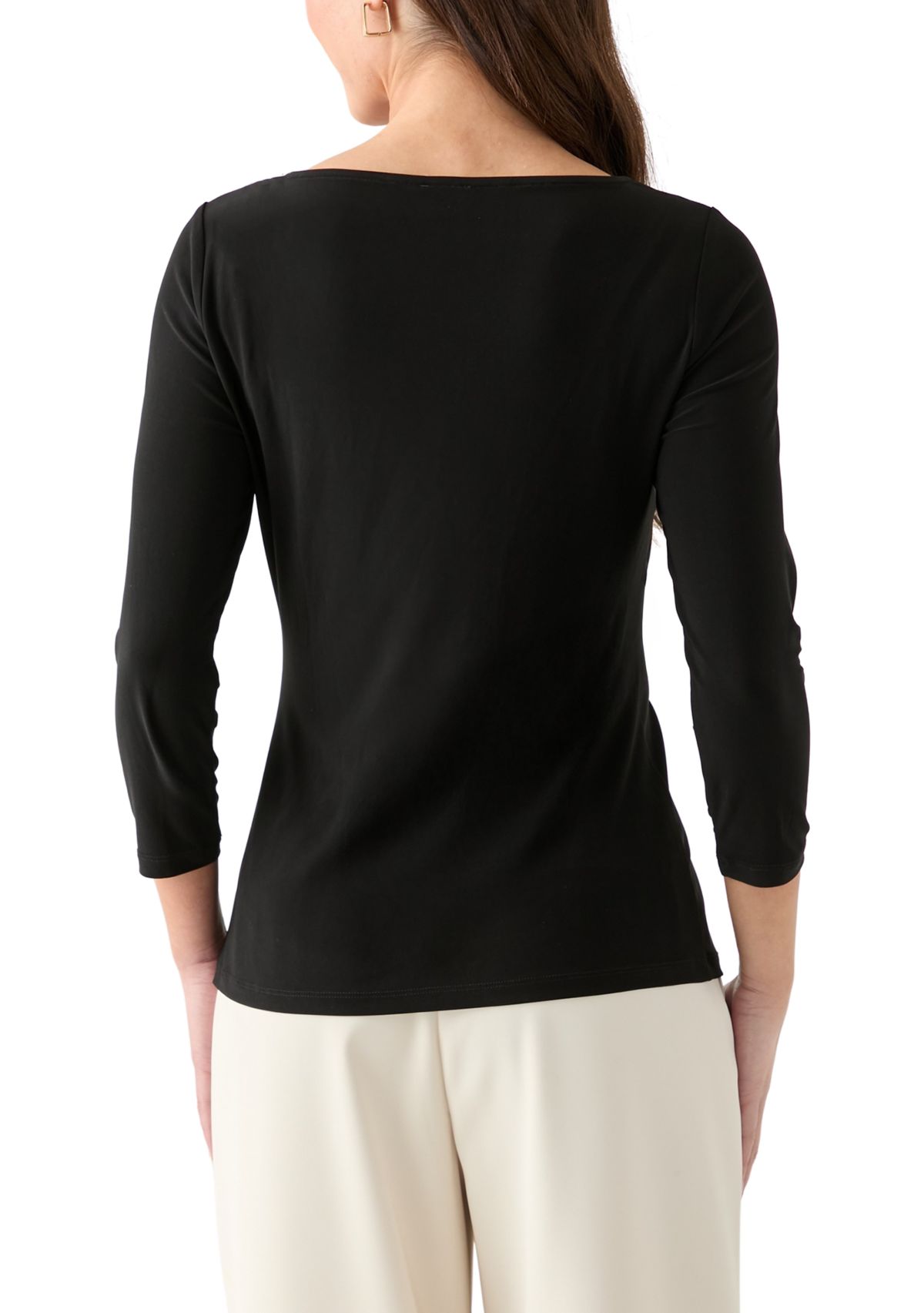 Petite Three-Quarter Sleeve Asymmetrical Neck Twist Knot Top