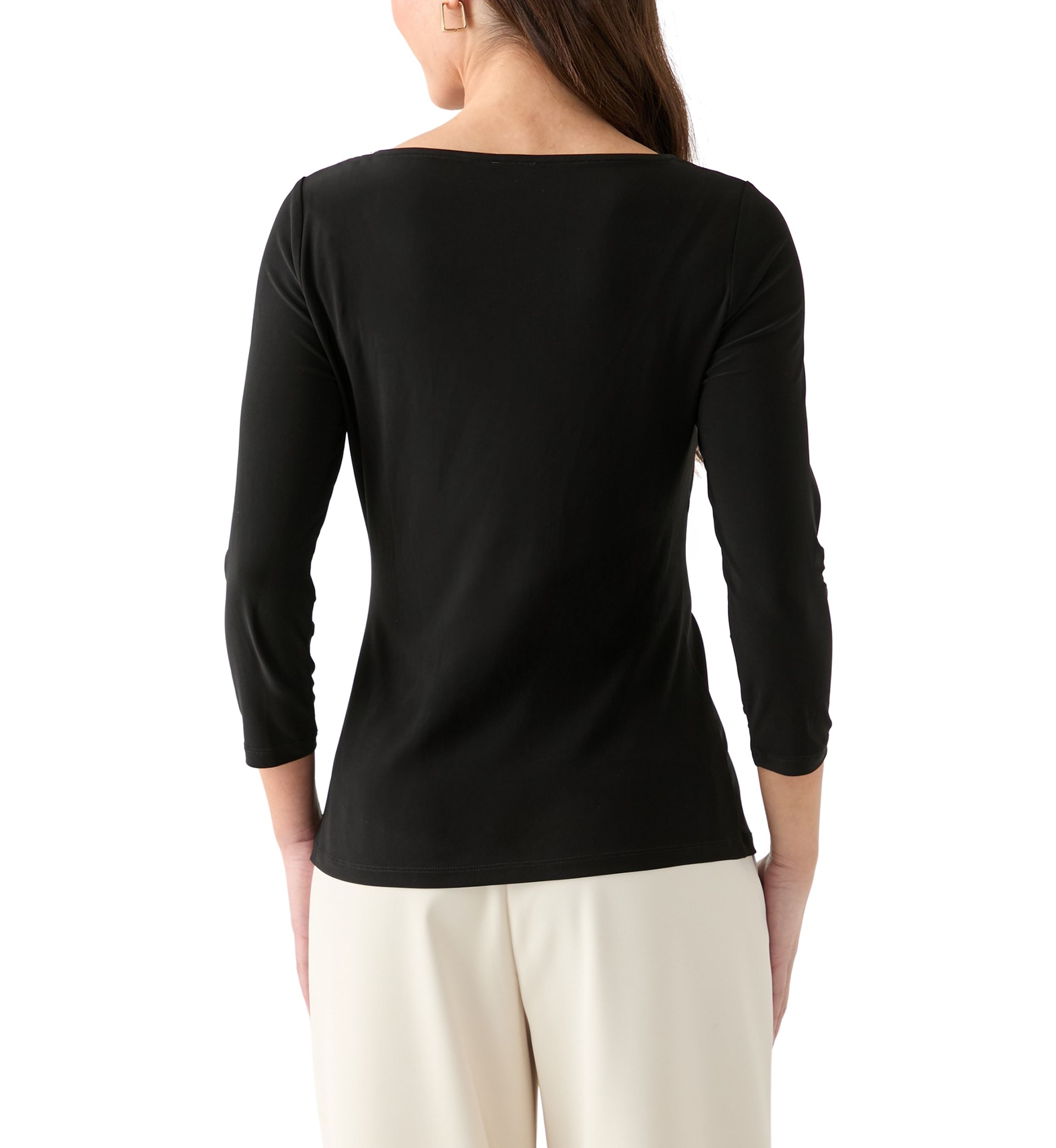 Petite Three-Quarter Sleeve Asymmetrical Neck Twist Knot Top