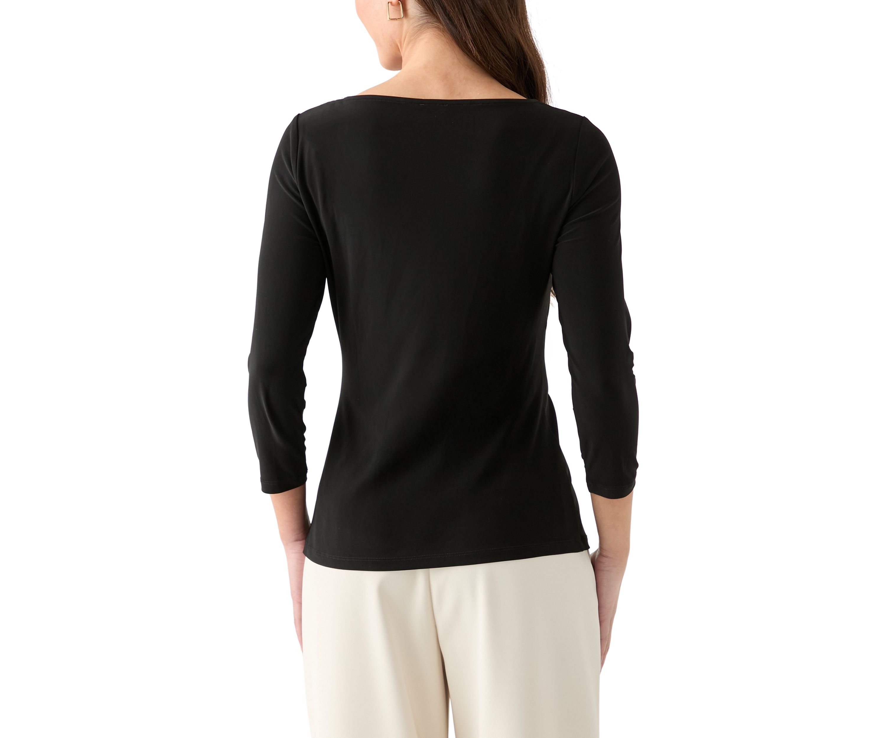 Petite Three-Quarter Sleeve Asymmetrical Neck Twist Knot Top