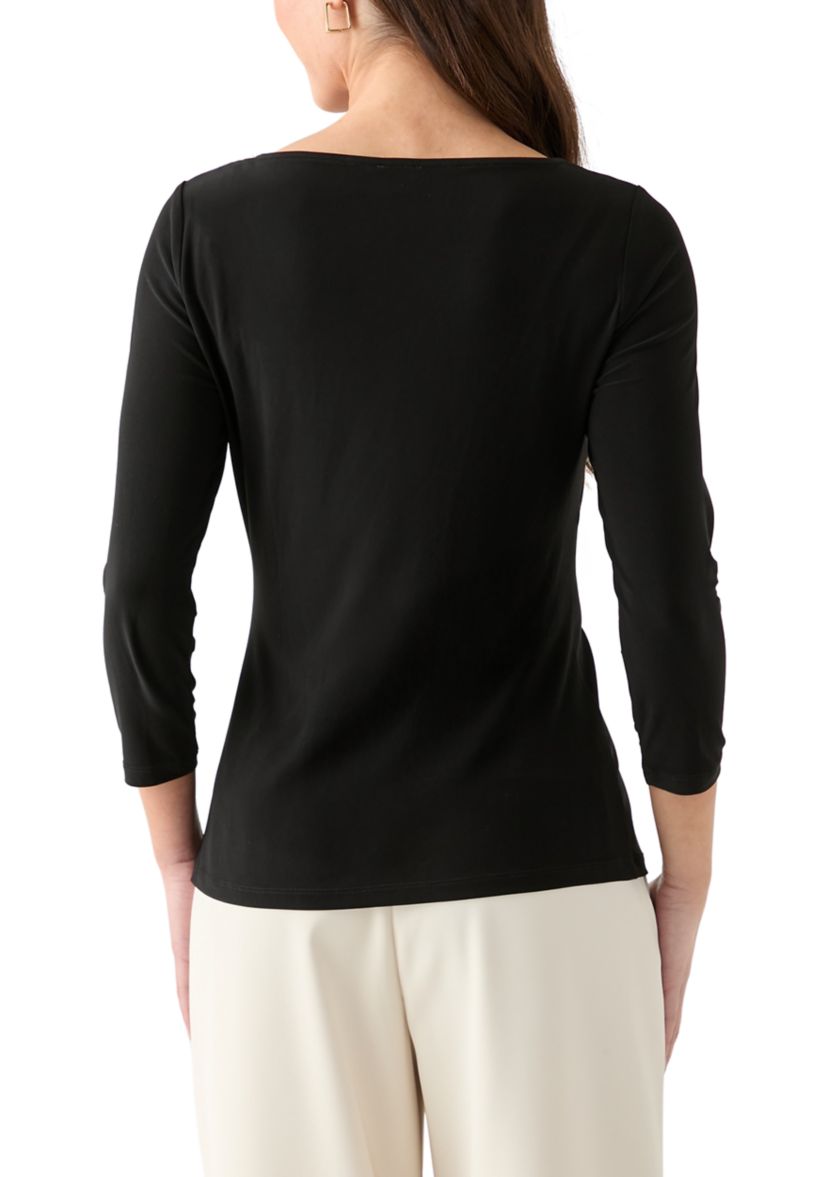 Petite Three-Quarter Sleeve Asymmetrical Neck Twist Knot Top