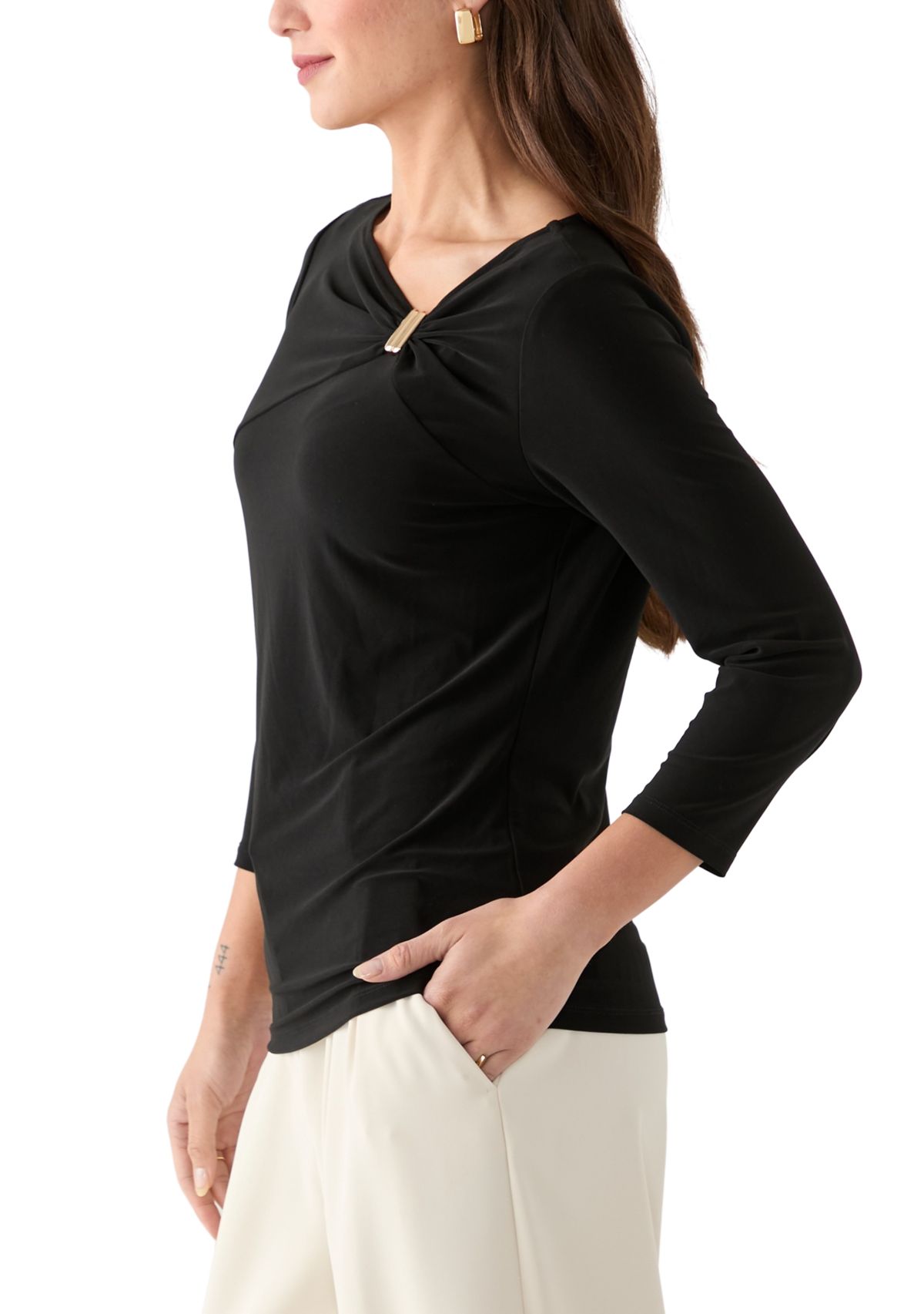 Petite Three-Quarter Sleeve Asymmetrical Neck Twist Knot Top